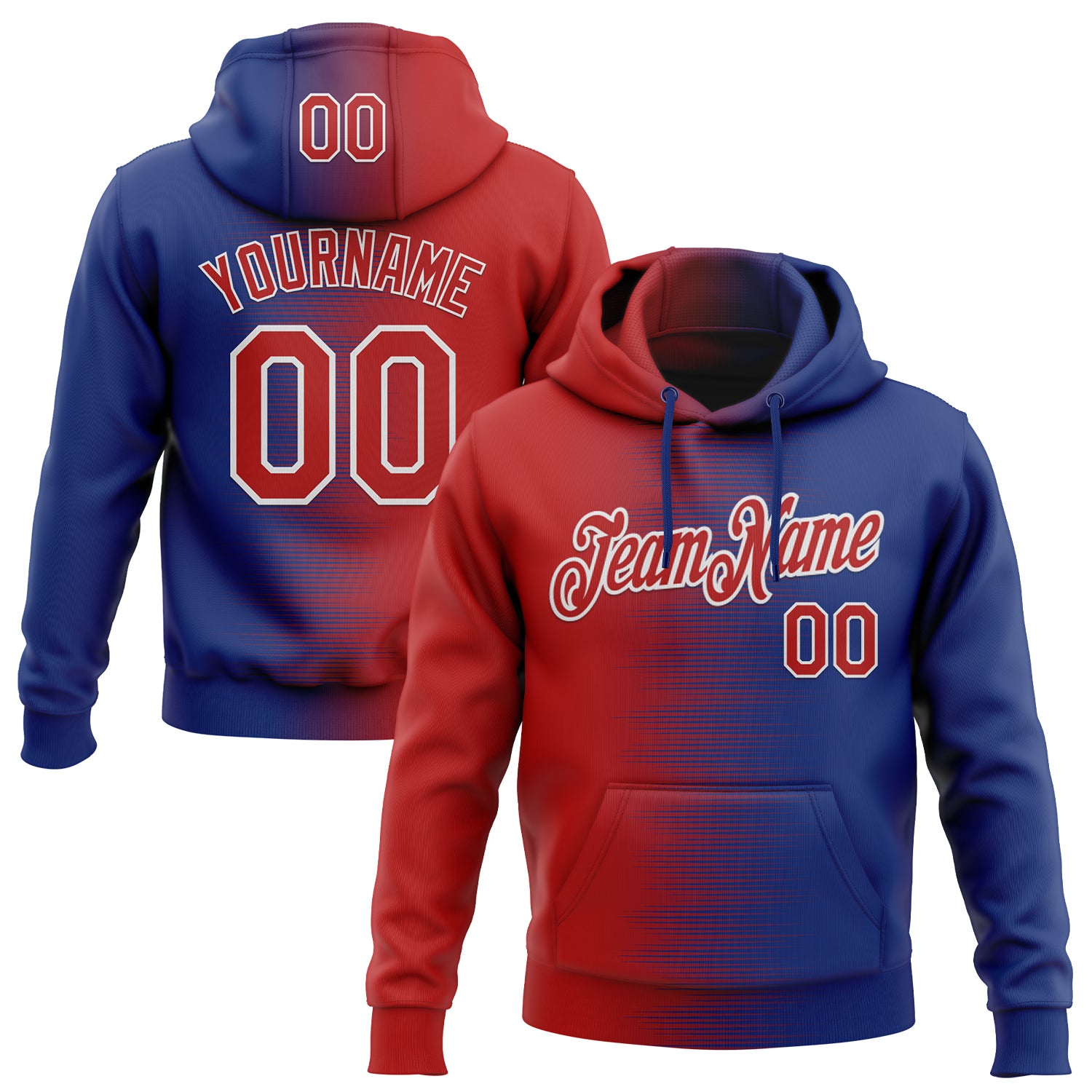 Custom Stitched Royal Red-White 3D Pattern Design Gradient Line Sports Pullover Sweatshirt Hoodie