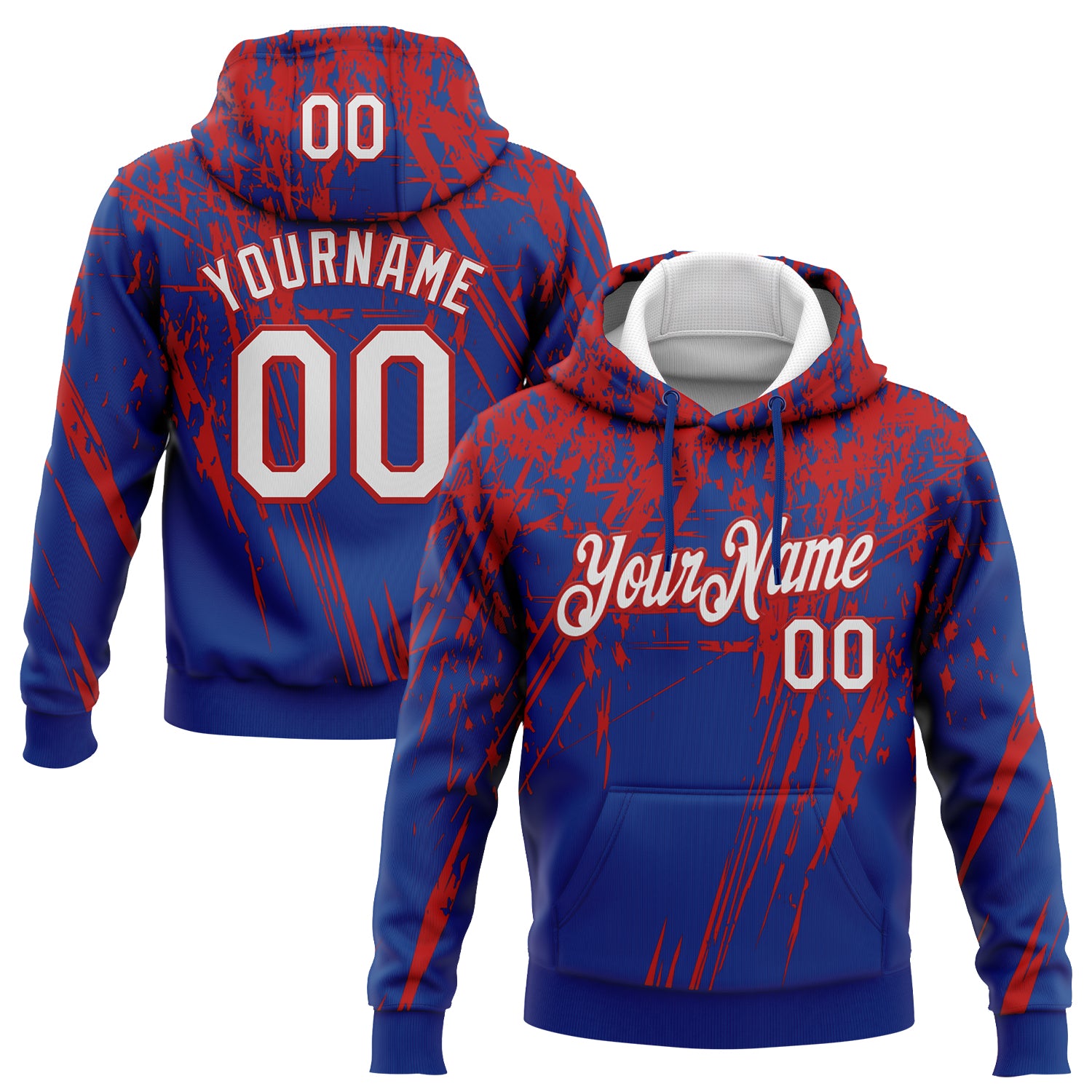 Custom Stitched Royal White-Red 3D Pattern Design Splash Grunge Art Sports Pullover Sweatshirt Hoodie