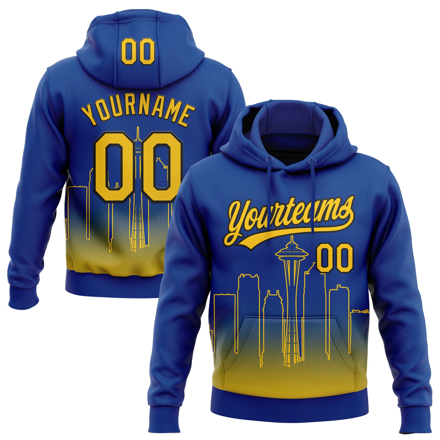 Custom Stitched Royal Yellow-Black 3D Gradient Fashion Seattle City Edition Sports Pullover Sweatshirt Hoodie