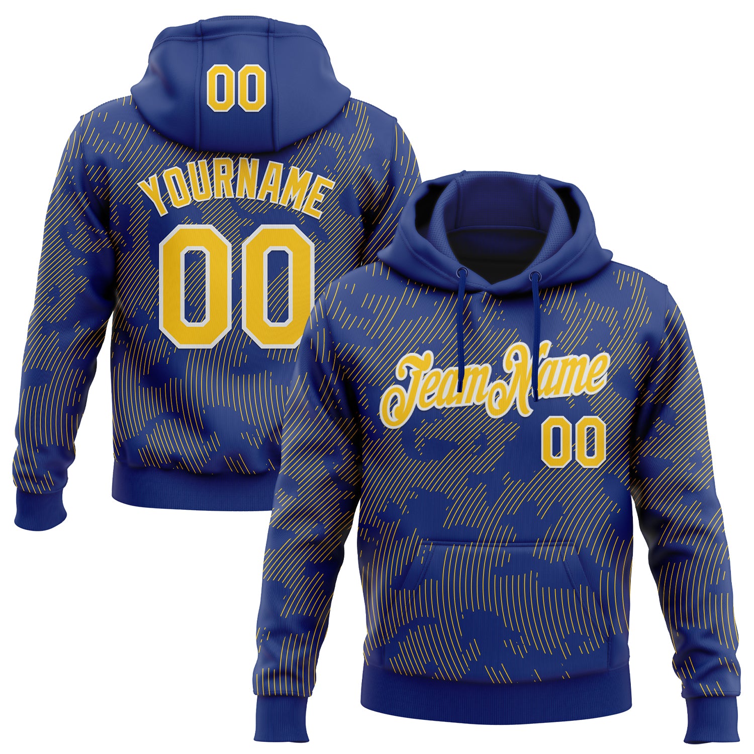 Custom Stitched Royal Yellow-White 3D Pattern Design Curve Lines Sports Pullover Sweatshirt Hoodie