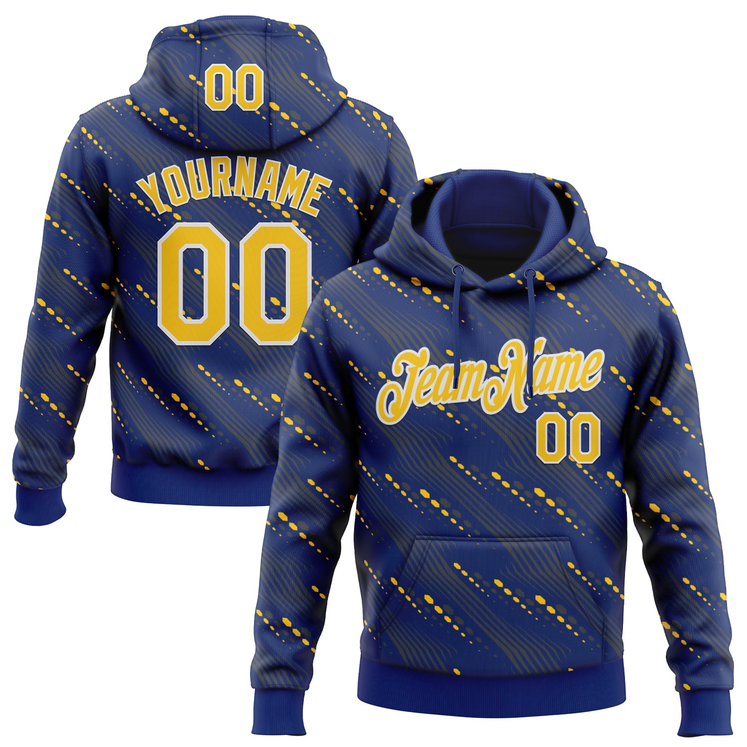 Custom Stitched Royal Yellow-White 3D Pattern Design Slant Lines Sports Pullover Sweatshirt Hoodie