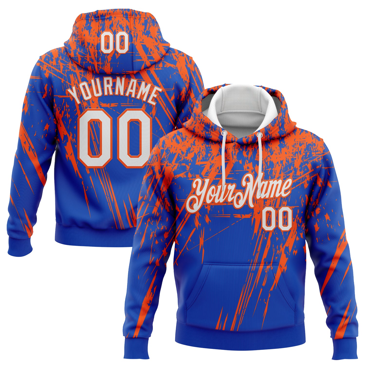 Custom Stitched Thunder Blue White-Orange 3D Pattern Design Splash Grunge Art Sports Pullover Sweatshirt Hoodie