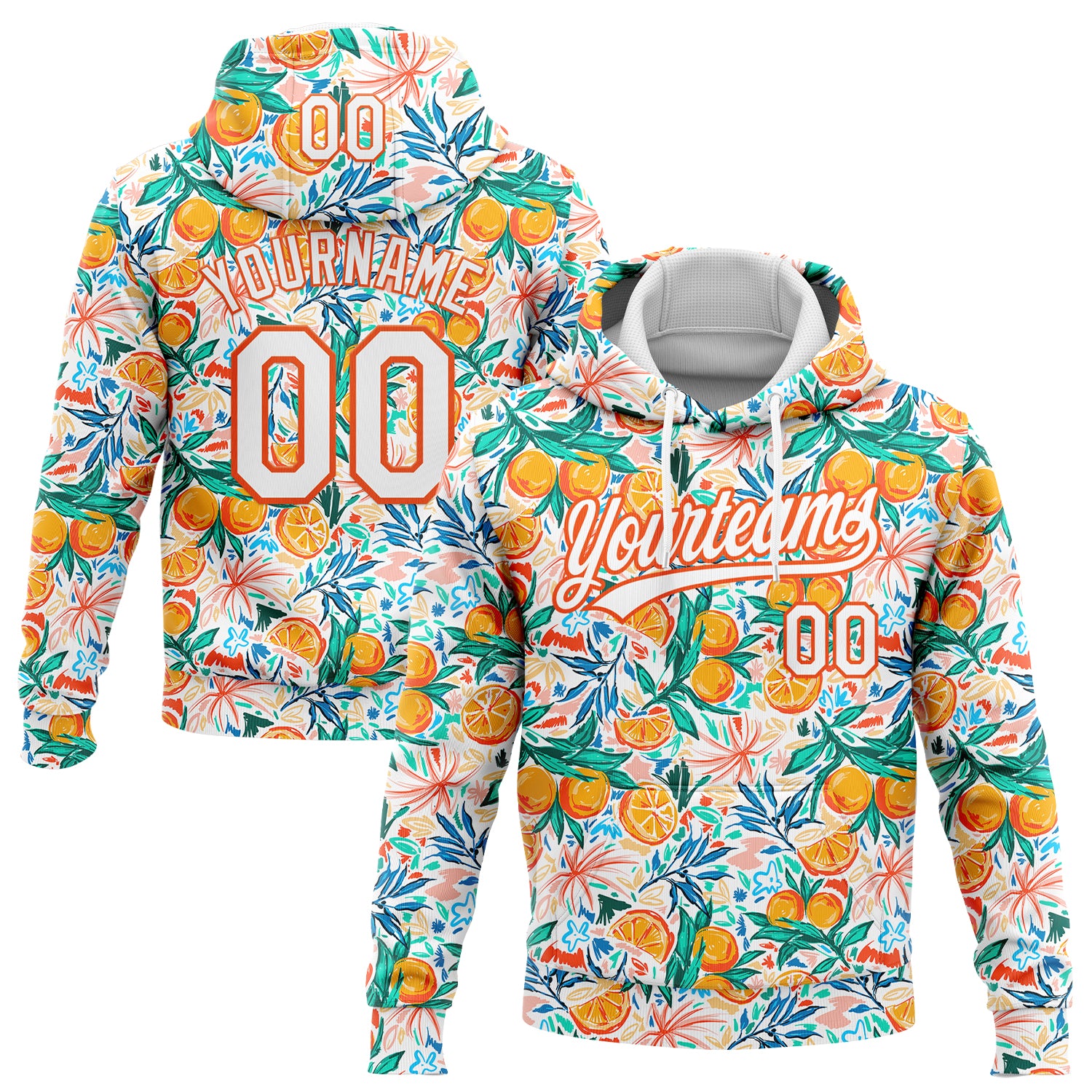 Custom Stitched White Orange 3D Pattern Design Fruit Sports Pullover Sweatshirt Hoodie