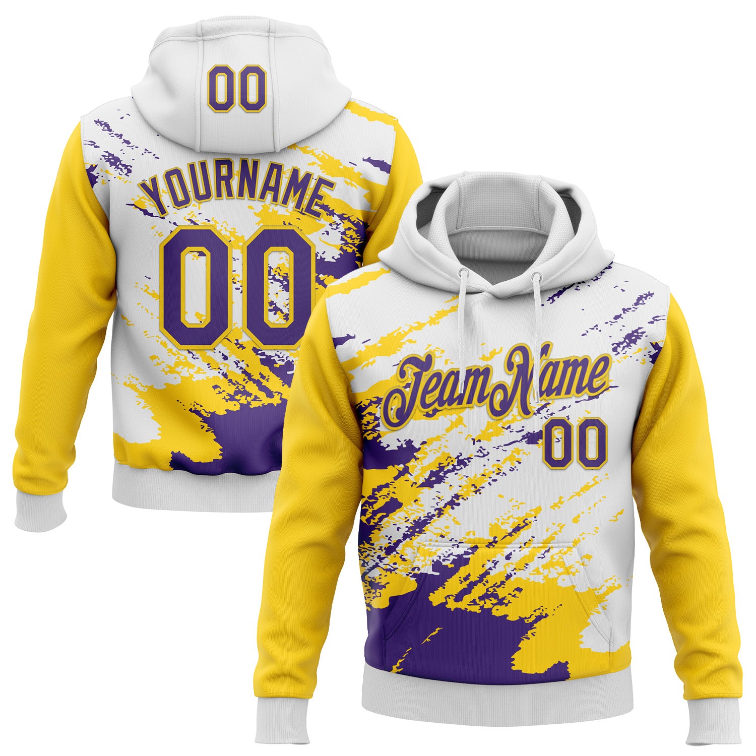Custom Stitched White Purple-Yellow 3D Pattern Design Abstract Fragment Art Splash Sports Pullover Sweatshirt Hoodie