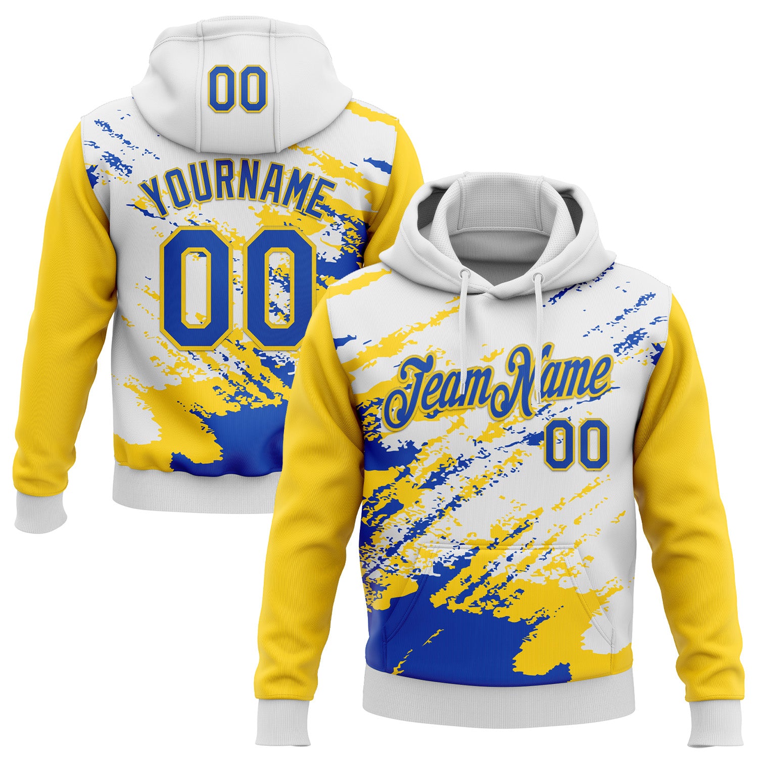 Custom Stitched White Thunder Blue-Yellow 3D Pattern Design Abstract Fragment Art Splash Sports Pullover Sweatshirt Hoodie