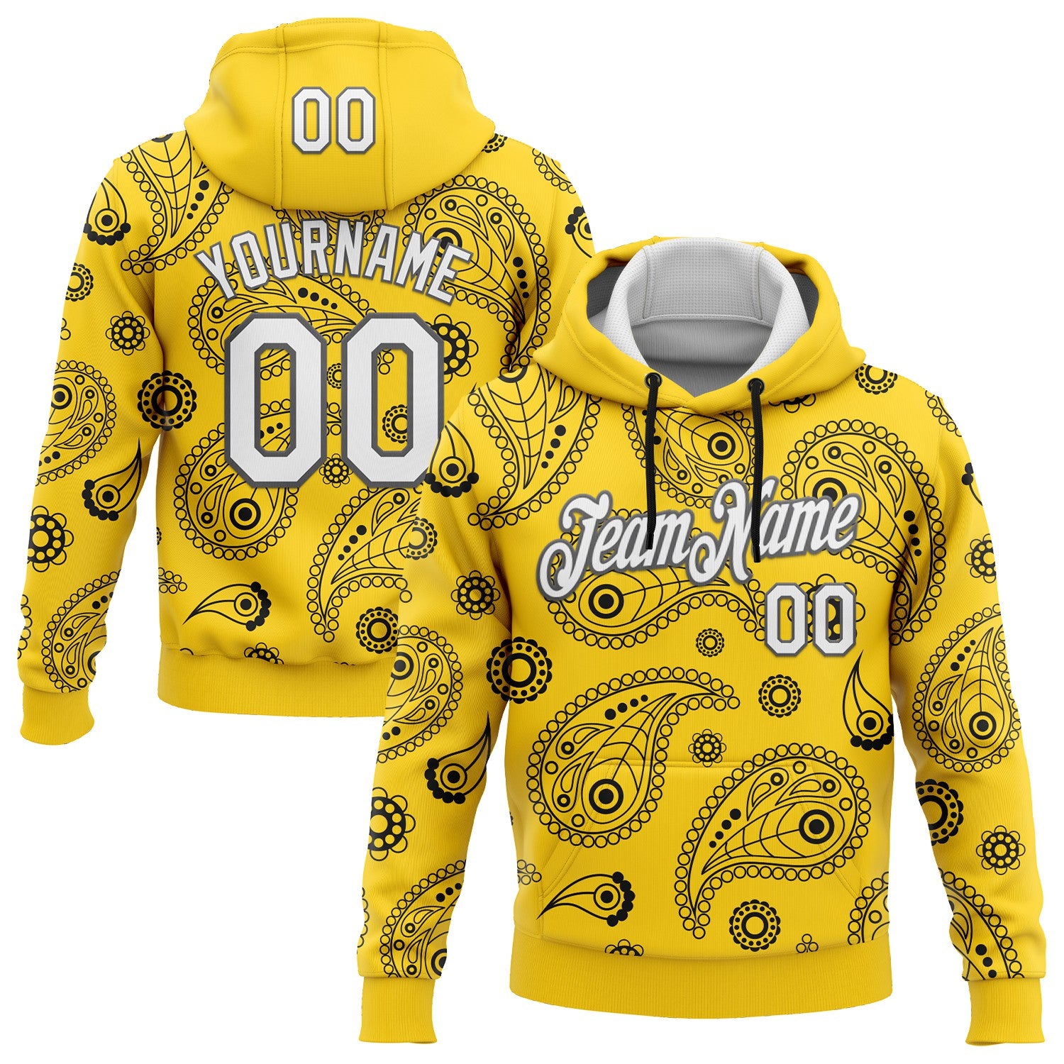 Custom Stitched Yellow White-Steel Gray 3D Pattern Design Ethnic Paisley Floral Bandana Sports Pullover Sweatshirt Hoodie