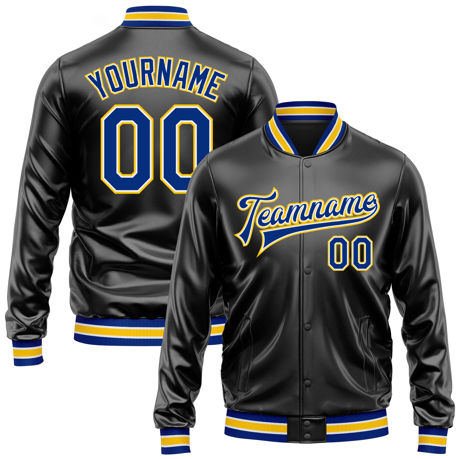 Custom Black Royal-Yellow Bomber Full-Snap Varsity Faux Leather Letterman Jacket