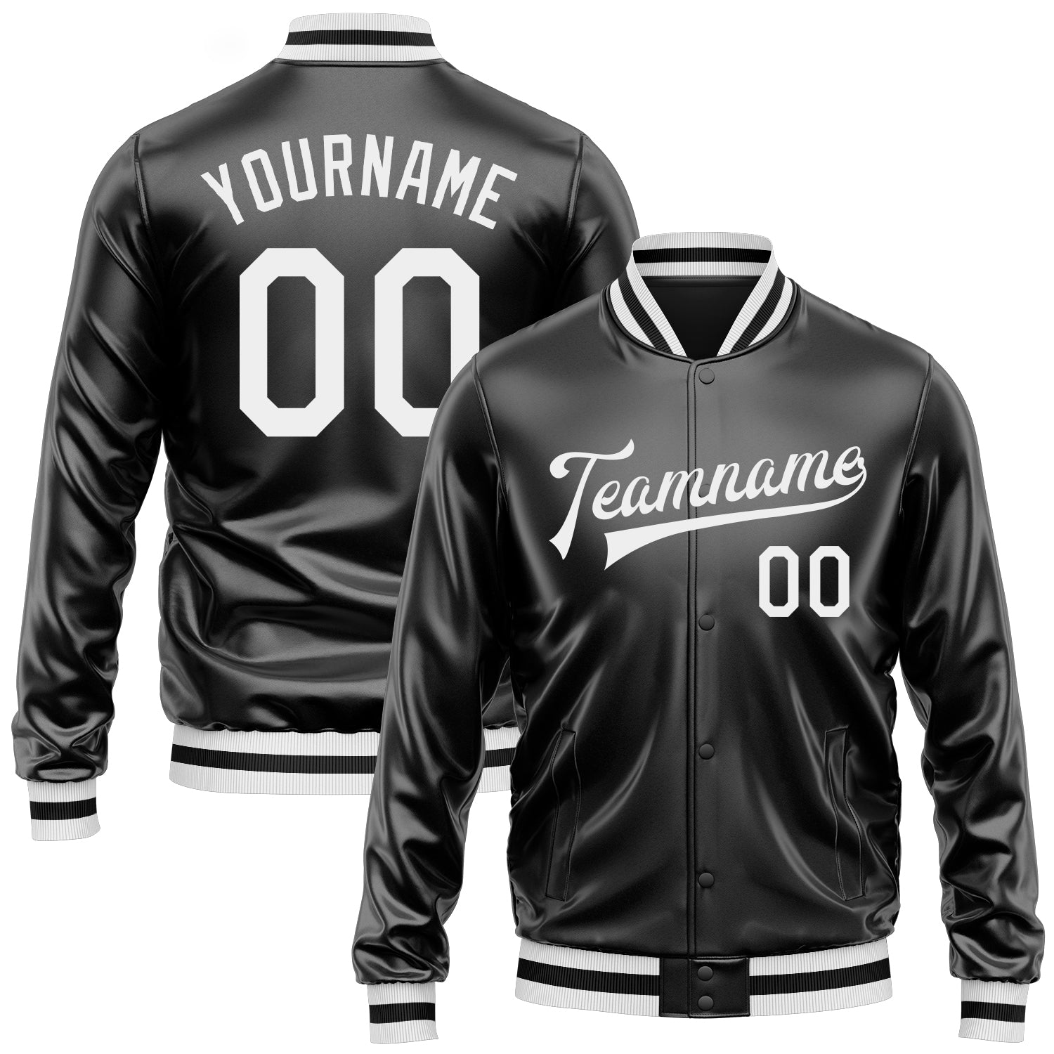 Custom Black White Bomber Full-Snap Varsity Faux Leather Letterman Jacket