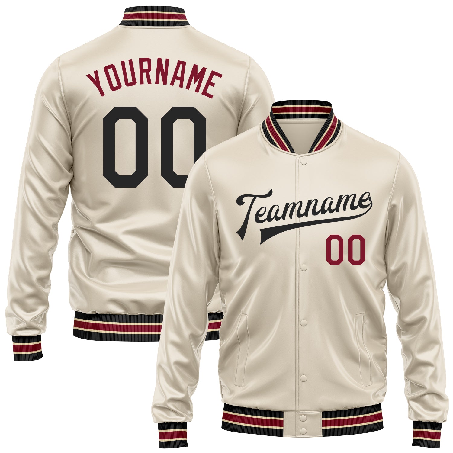 Custom Cream Black-Crimson Bomber Full-Snap Varsity Faux Leather Letterman Jacket