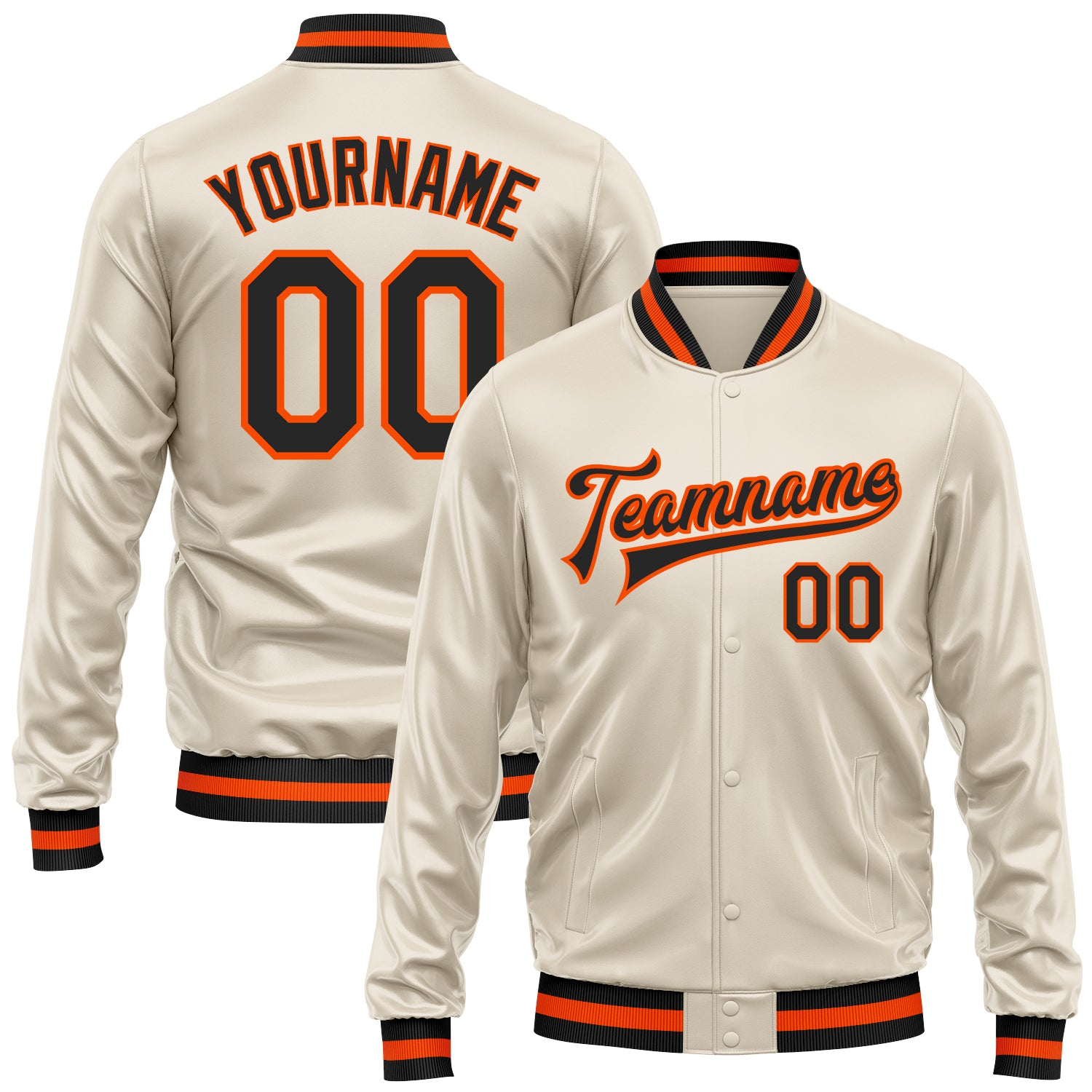 Custom Cream Black-Orange Bomber Full-Snap Varsity Faux Leather Letterman Jacket