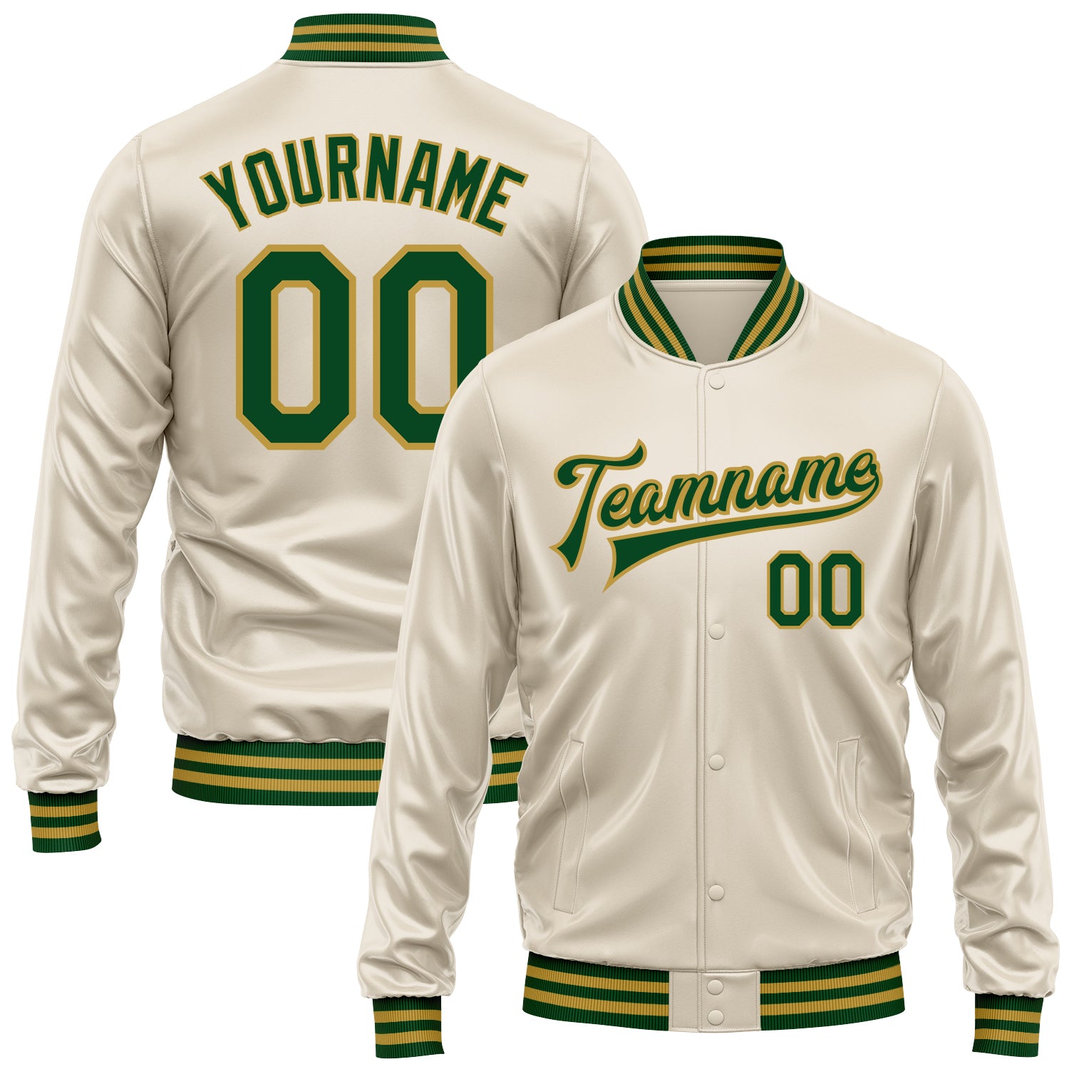 Custom Cream Green-Old Gold Bomber Full-Snap Varsity Faux Leather Letterman Jacket