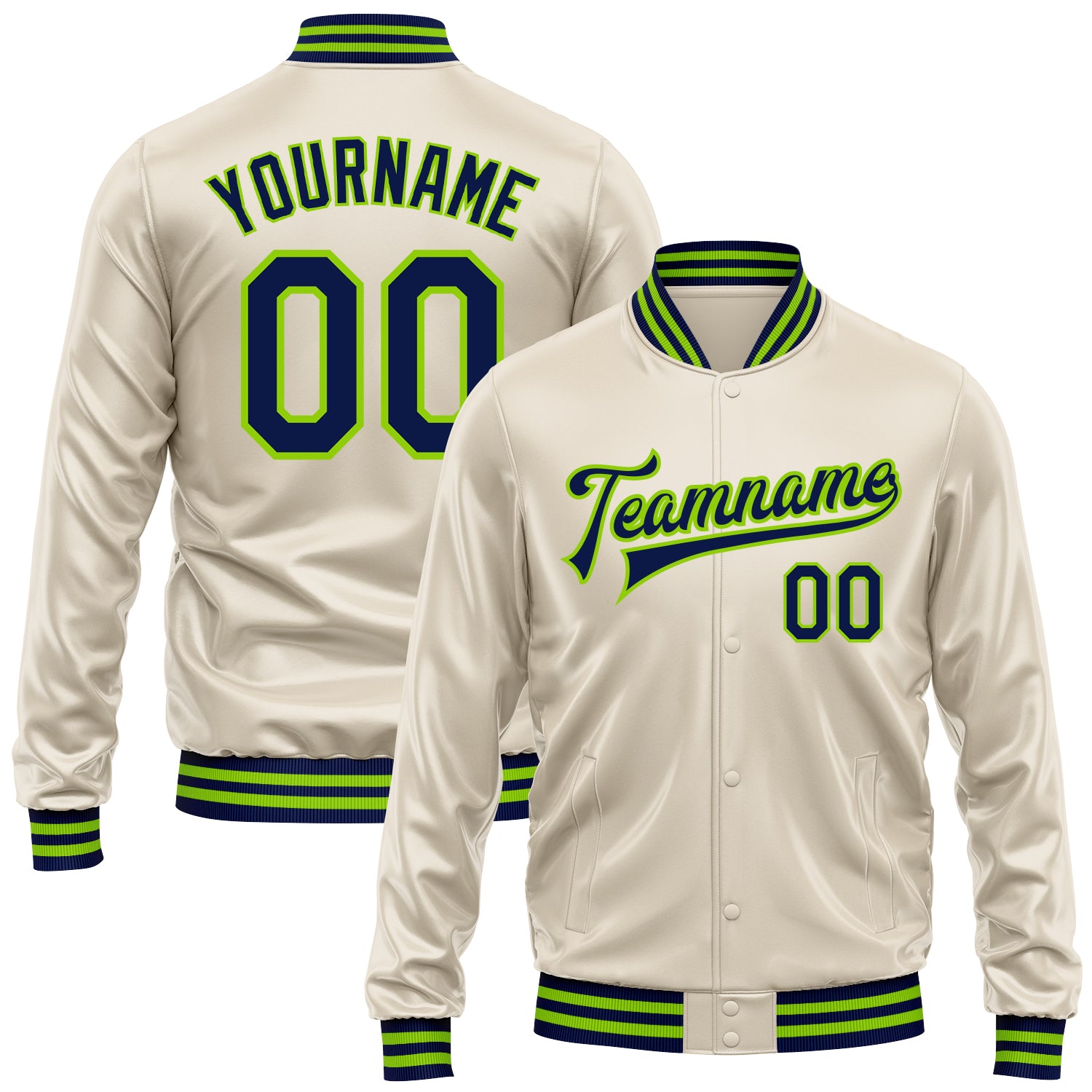Custom Cream Navy-Neon Green Bomber Full-Snap Varsity Faux Leather Letterman Jacket