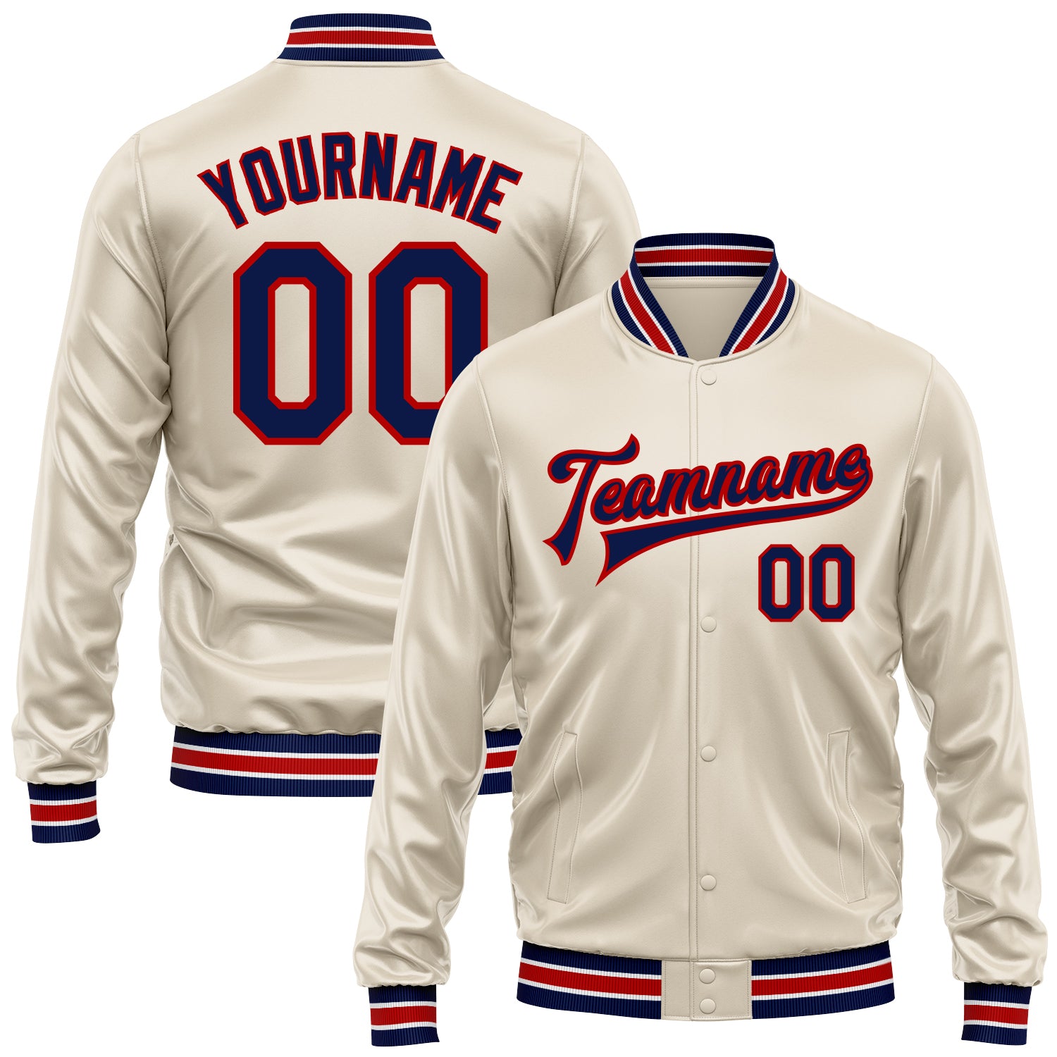 Custom Cream Navy-Red Bomber Full-Snap Varsity Faux Leather Letterman Jacket