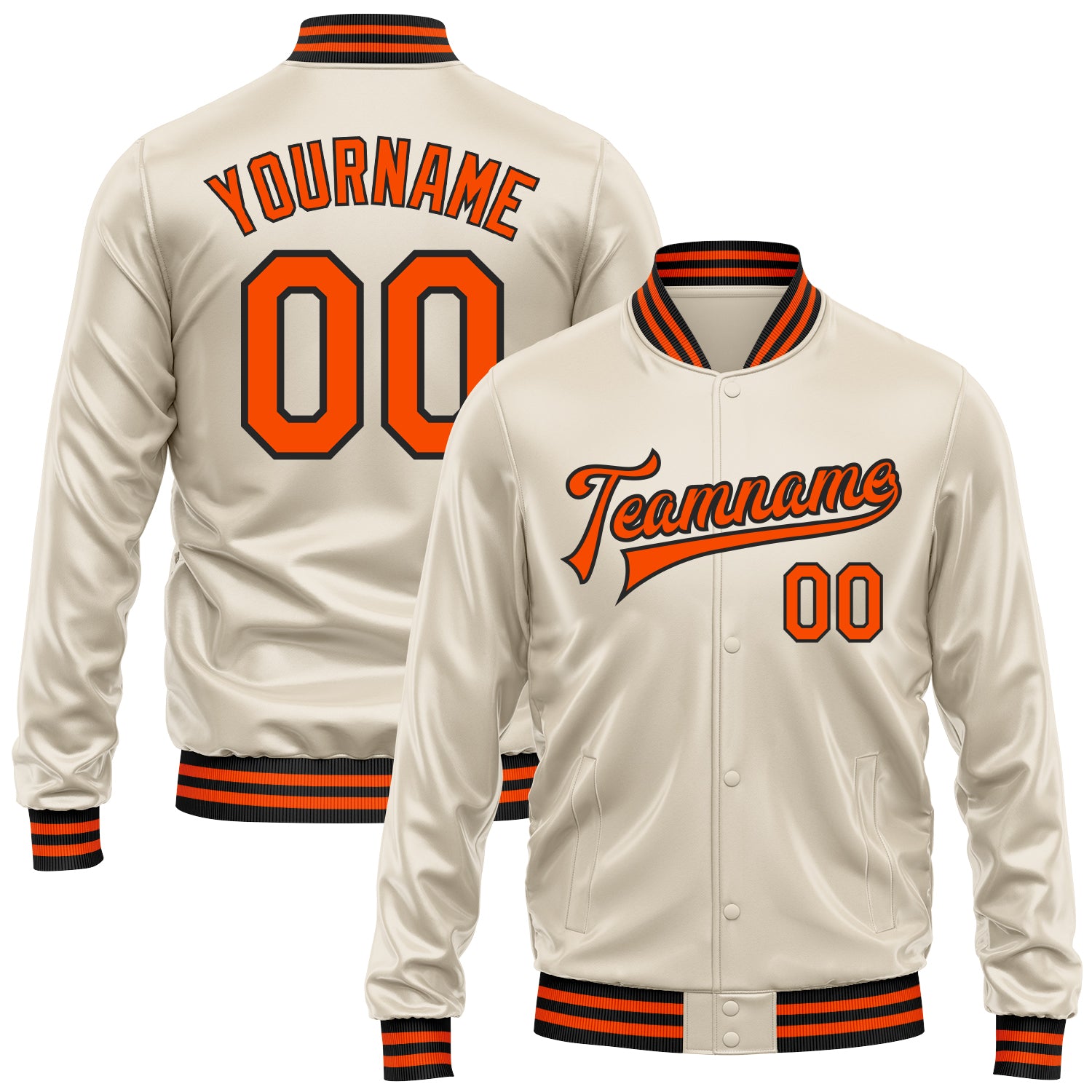 Custom Cream Orange-Black Bomber Full-Snap Varsity Faux Leather Letterman Jacket