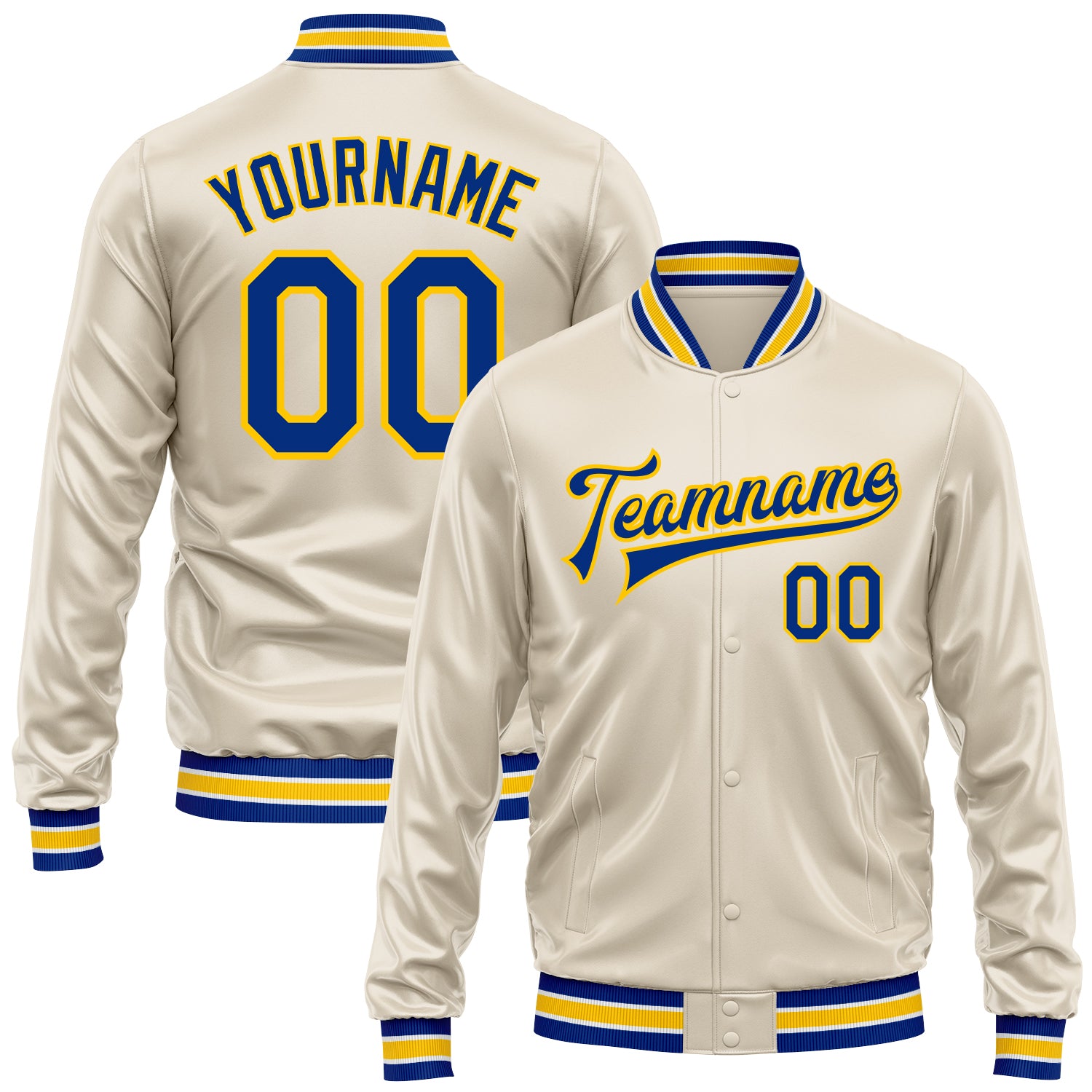 Custom Cream Royal-Yellow Bomber Full-Snap Varsity Faux Leather Letterman Jacket