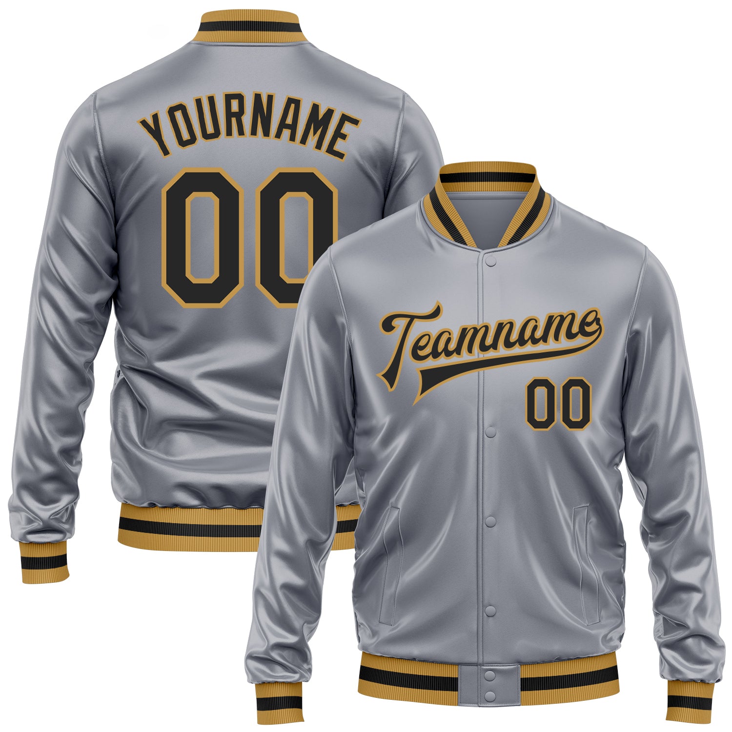 Custom Gray Black-Old Gold Bomber Full-Snap Varsity Faux Leather Letterman Jacket
