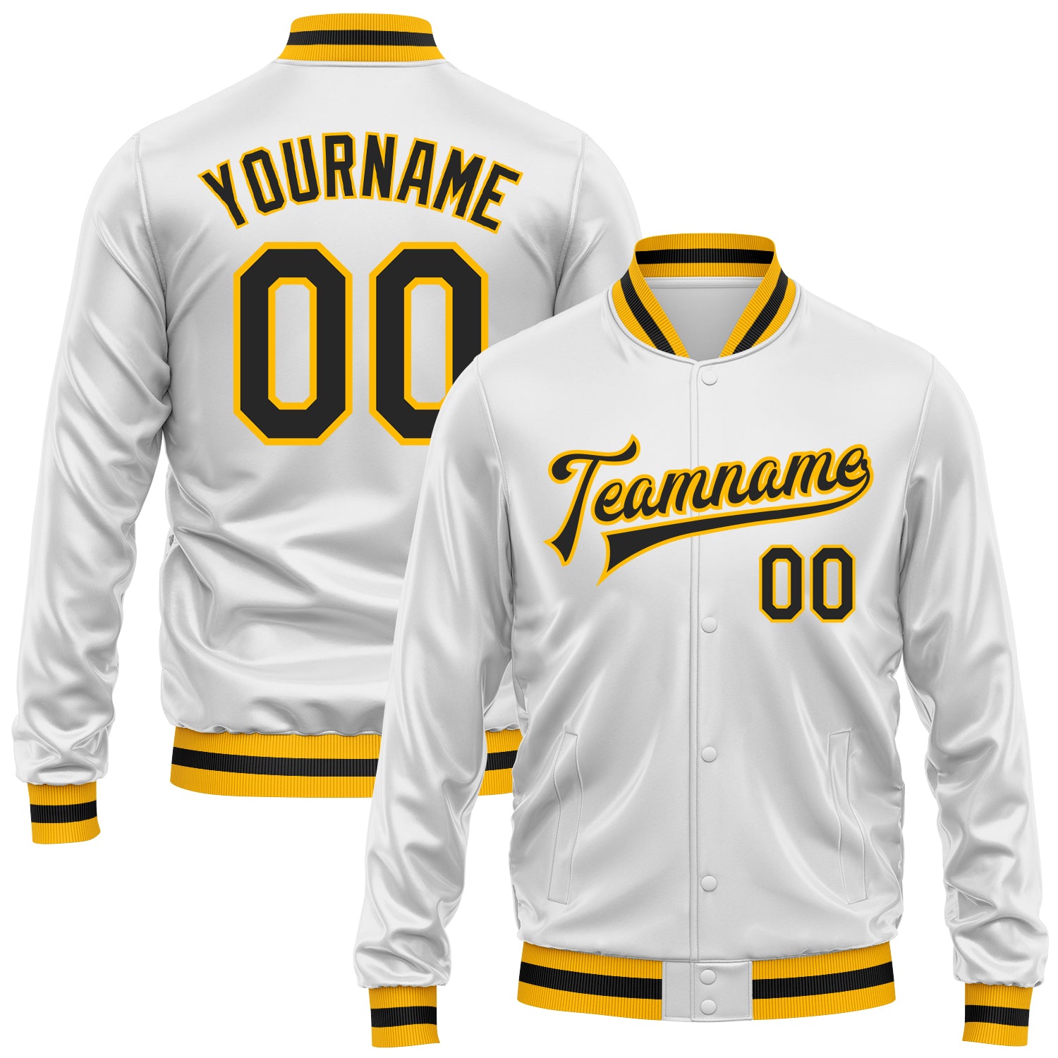 Custom White Black-Gold Bomber Full-Snap Varsity Faux Leather Letterman Jacket