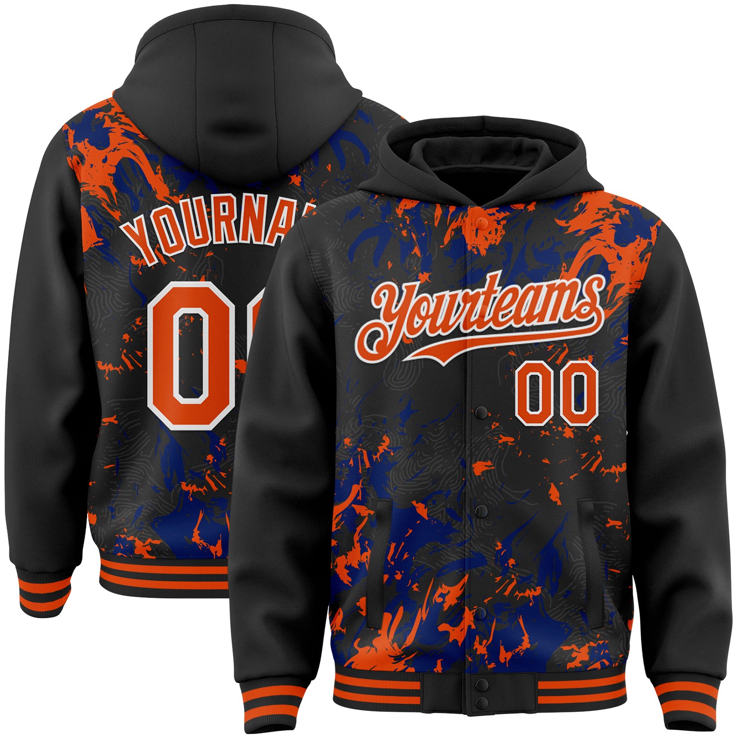 Custom Black Orange Royal-White Splash 3D Pattern Design Bomber Full-Snap Varsity Letterman Hoodie Jacket
