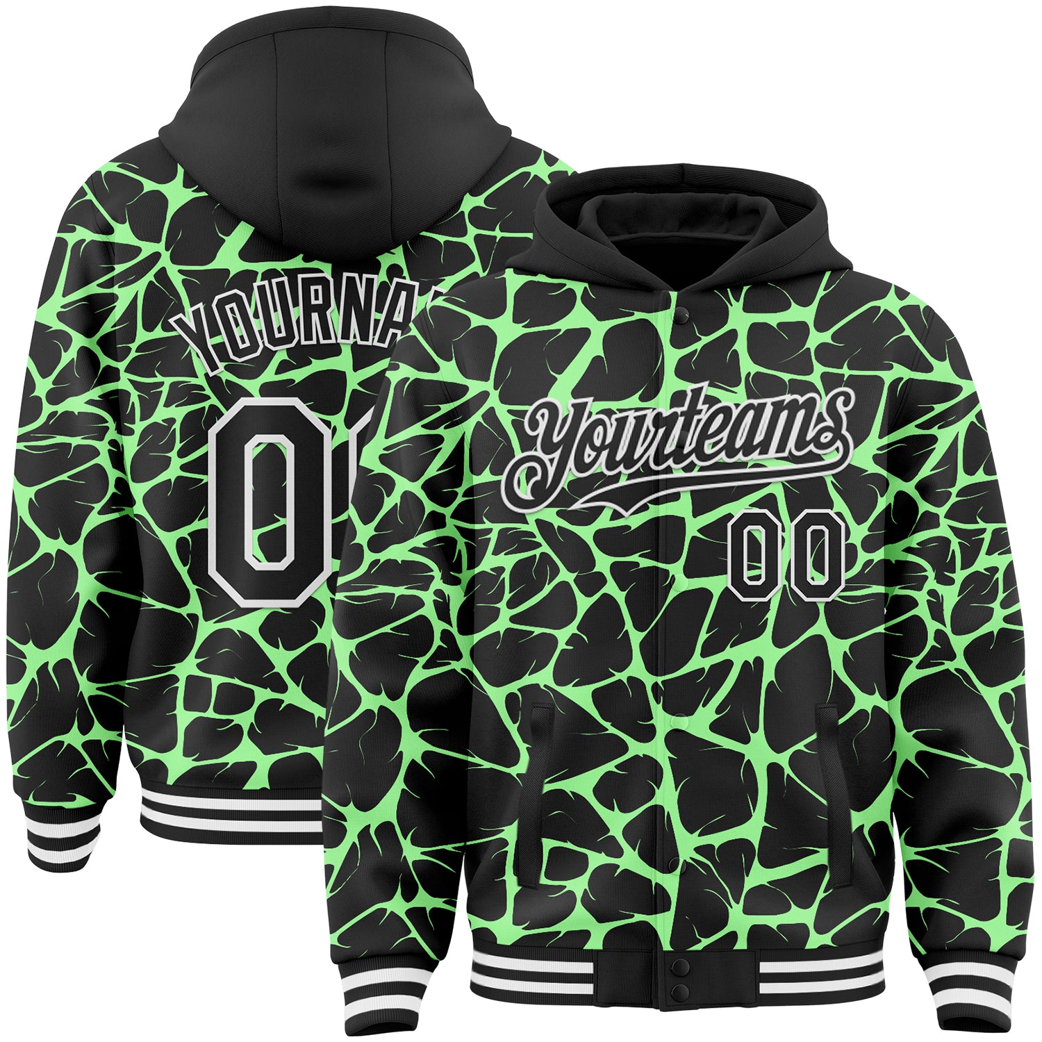 Custom Black Pea Green-White Abstract Network 3D Pattern Design Bomber Full-Snap Varsity Letterman Hoodie Jacket