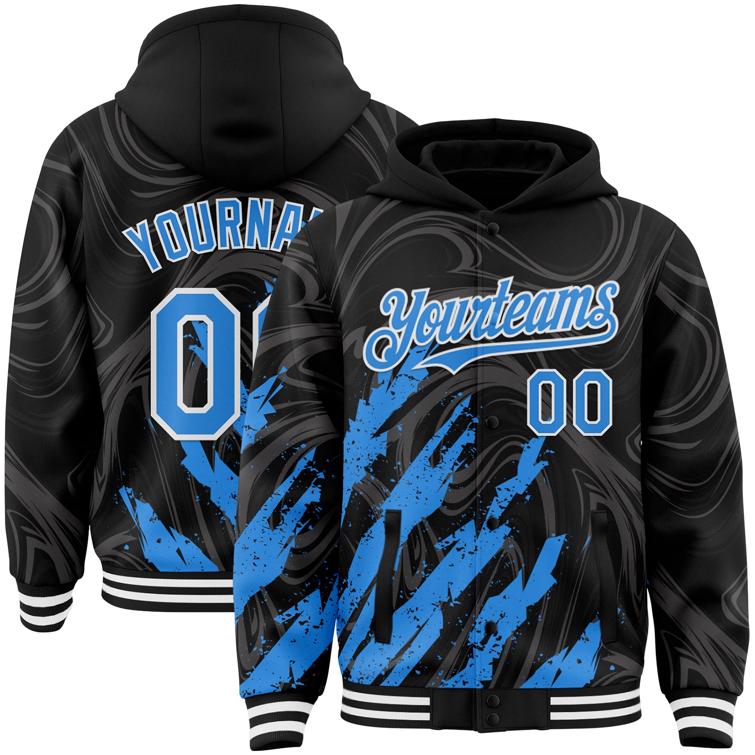 Custom Black Powder Blue-White Splash 3D Pattern Design Bomber Full-Snap Varsity Letterman Hoodie Jacket