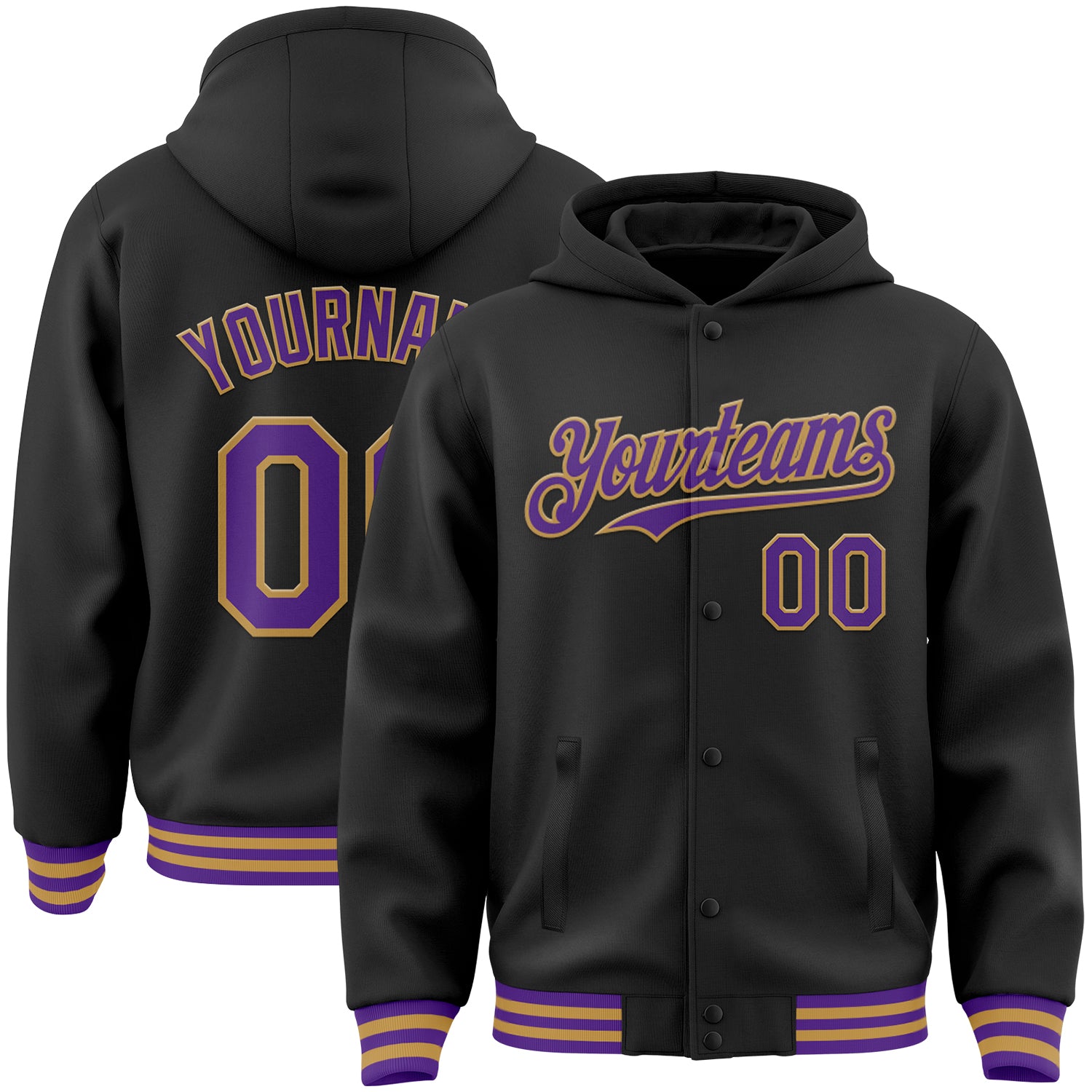 Custom Black Purple-Old Gold Bomber Full-Snap Varsity Letterman Hoodie Jacket