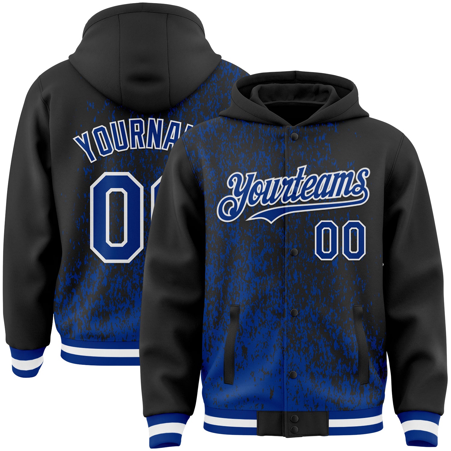 Custom Black Royal-White Abstract Fragment Art 3D Pattern Design Bomber Full-Snap Varsity Letterman Hoodie Jacket
