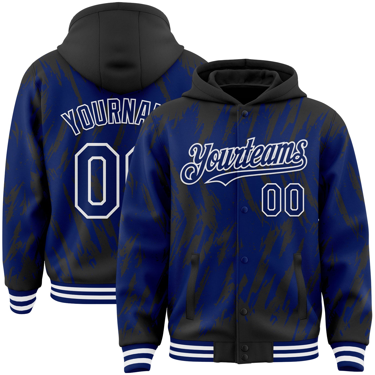 Custom Black Royal-White Abstract Sharp Shape Fragment 3D Pattern Design Bomber Full-Snap Varsity Letterman Hoodie Jacket