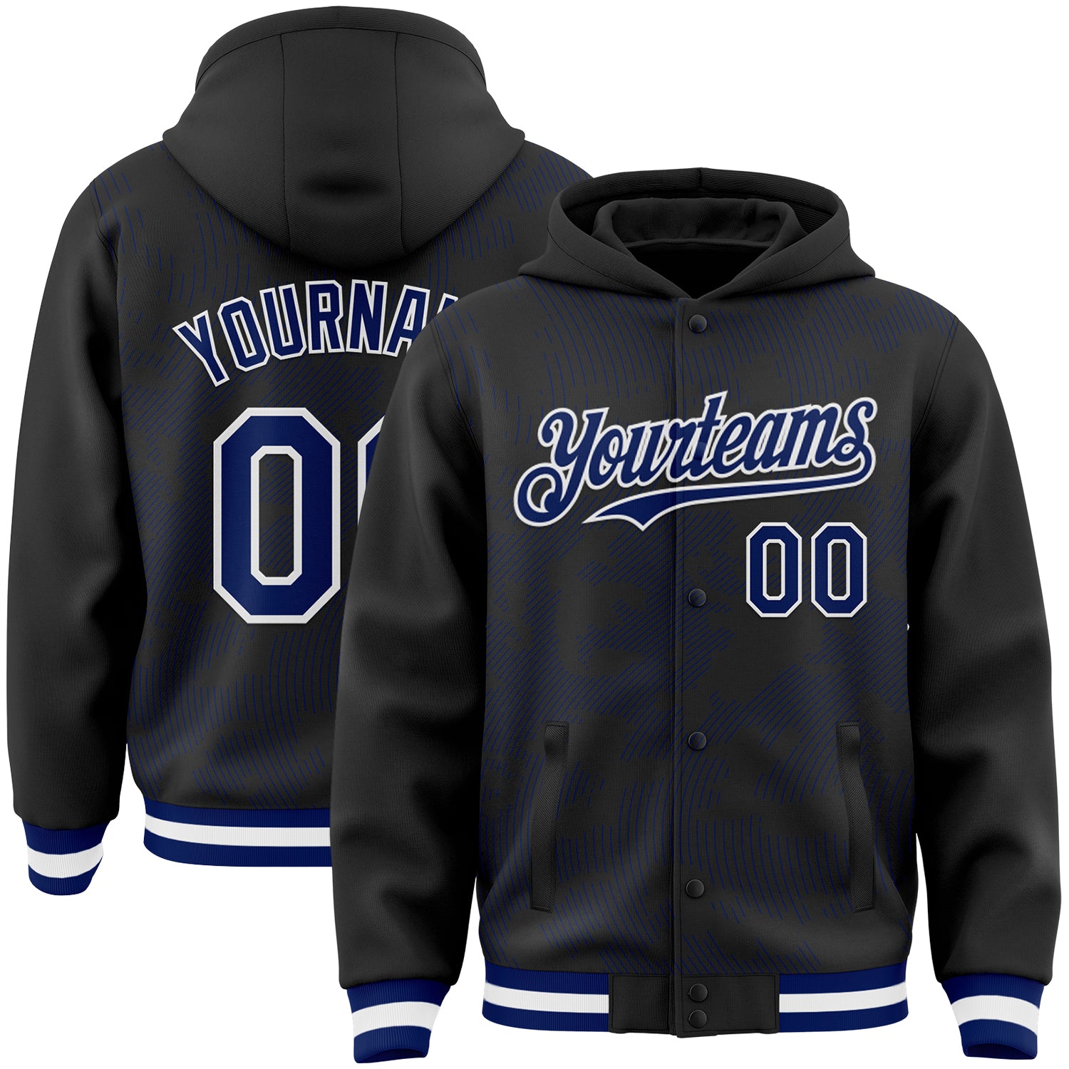 Custom Black Royal-White Curve Lines 3D Pattern Design Bomber Full-Snap Varsity Letterman Hoodie Jacket