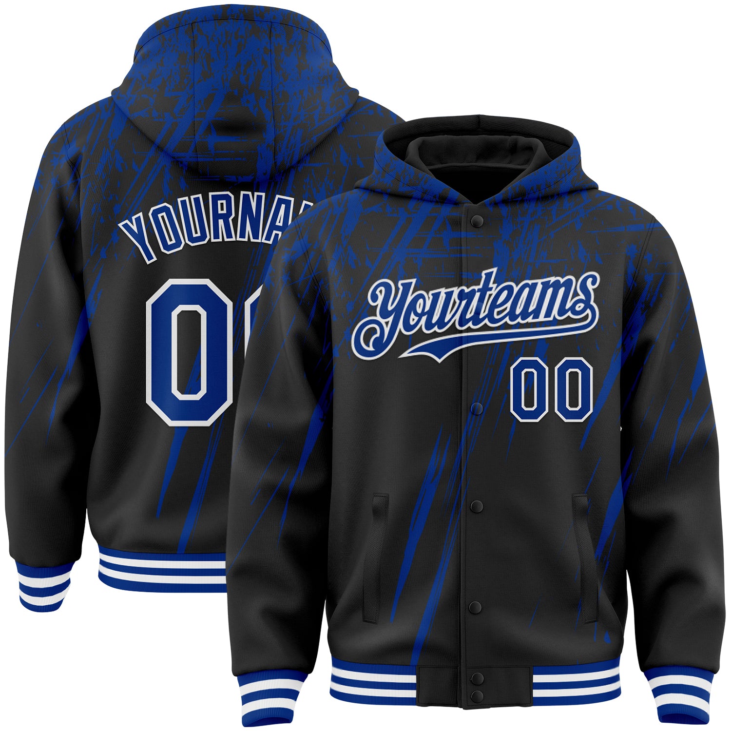 Custom Black Royal-White Splash 3D Pattern Design Bomber Full-Snap Varsity Letterman Hoodie Jacket