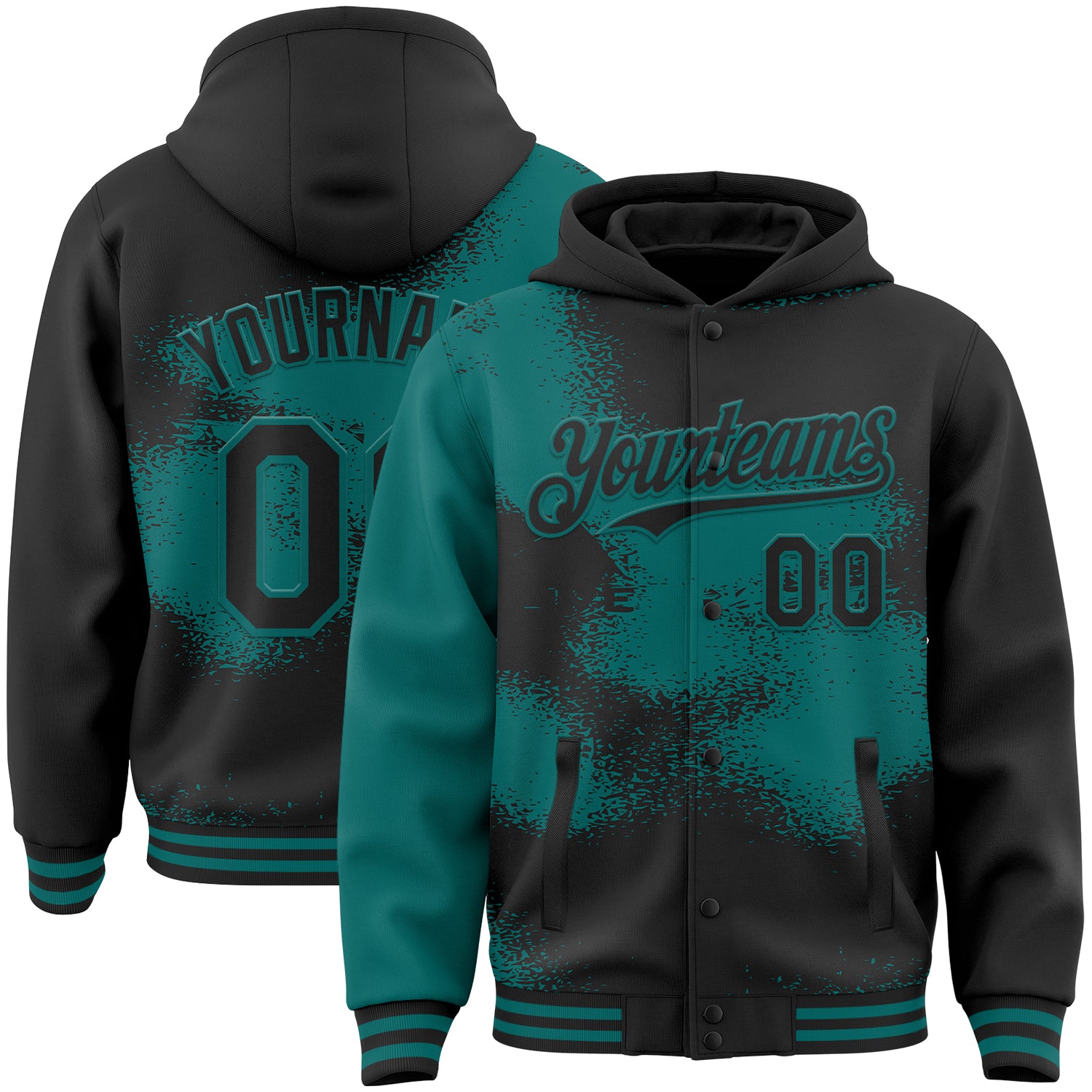 Custom Black Teal Abstract Color Blocks Fragment 3D Pattern Design Bomber Full-Snap Varsity Letterman Hoodie Jacket