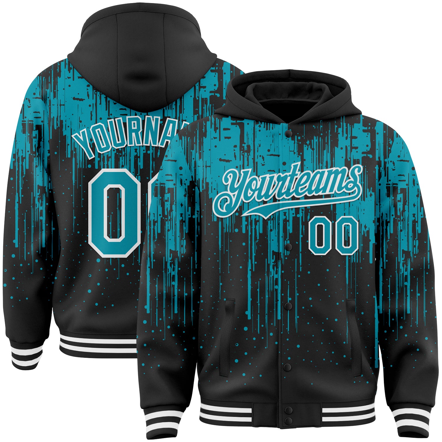 Custom Black Teal-White Dripping Splatter 3D Pattern Design Bomber Full-Snap Varsity Letterman Hoodie Jacket