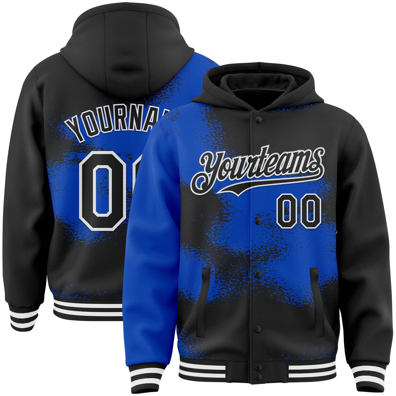 Custom Black Thunder Blue-White Abstract Color Blocks Fragment 3D Pattern Design Bomber Full-Snap Varsity Letterman Hoodie Jacket