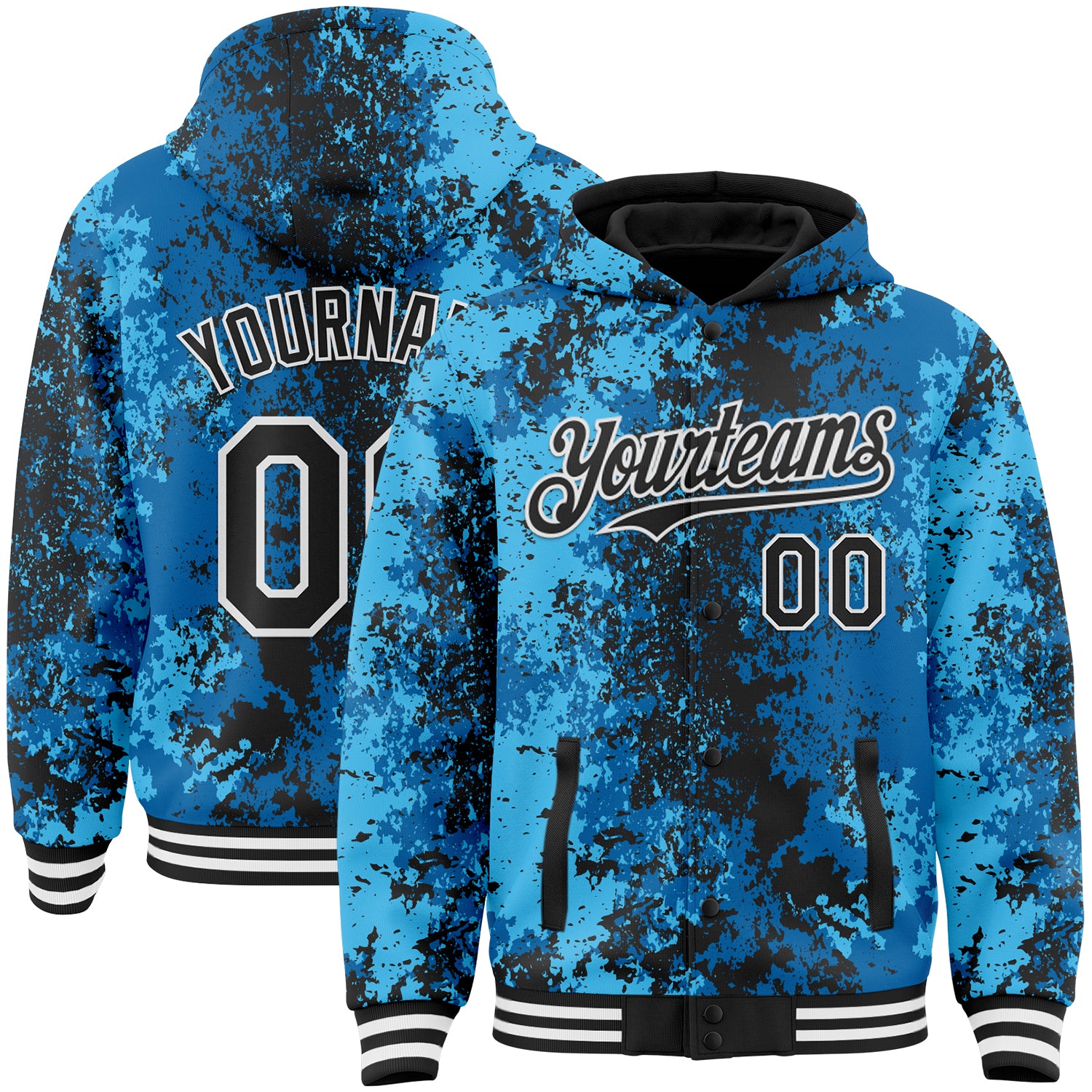 Custom Blue Black-White 3D Pattern Design Bomber Full-Snap Varsity Letterman Hoodie Jacket