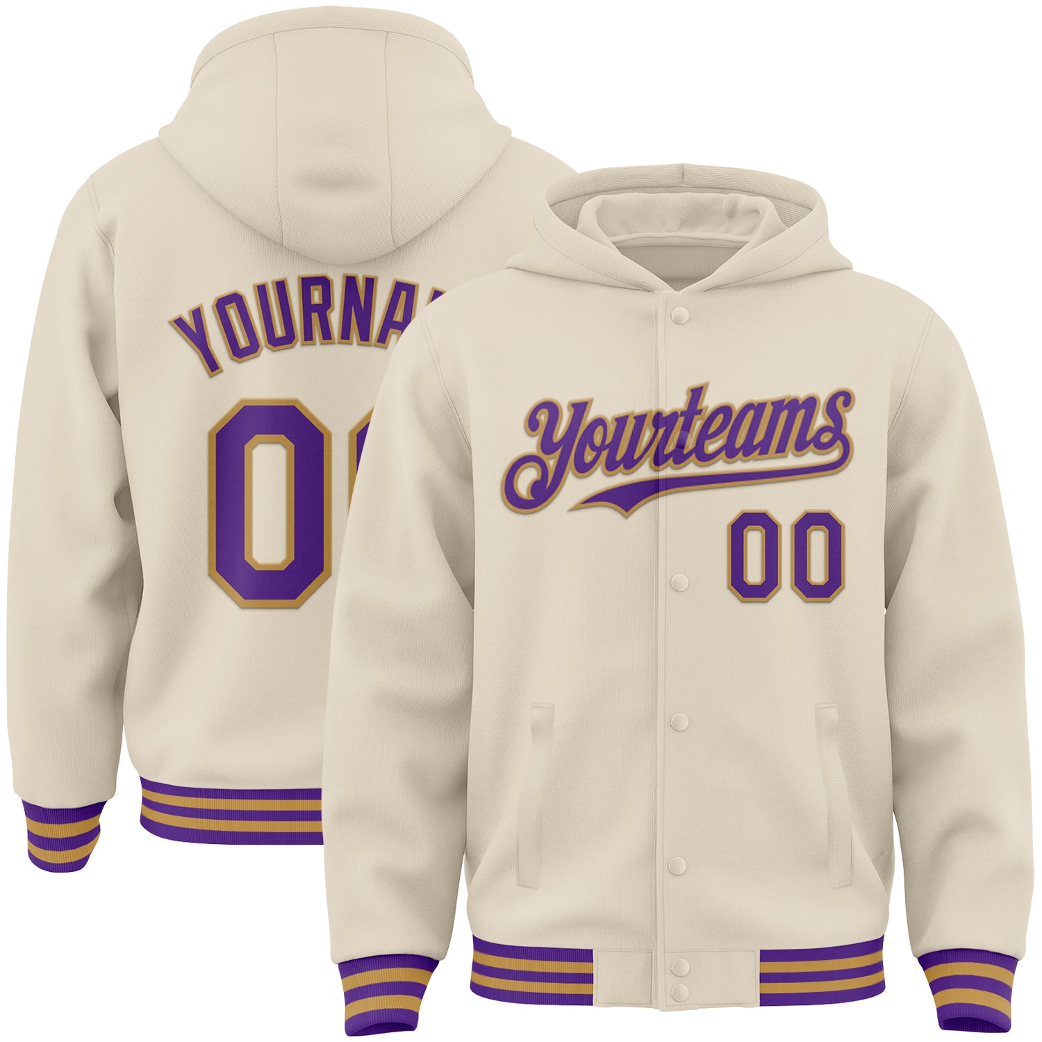 Custom Cream Purple-Old Gold Bomber Full-Snap Varsity Letterman Hoodie Jacket