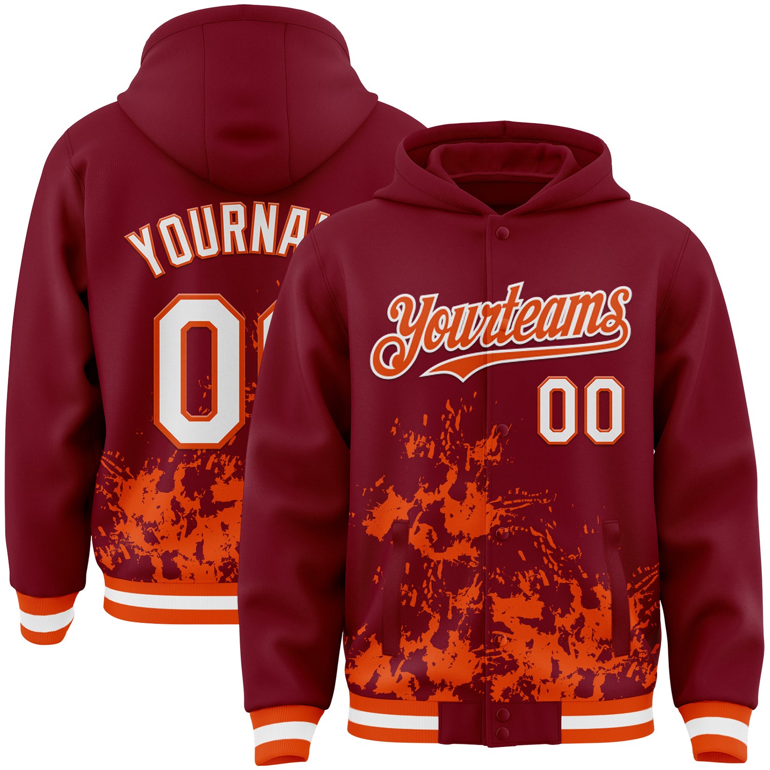 Custom Crimson White-Orange Splash Art 3D Pattern Design Bomber Full-Snap Varsity Letterman Hoodie Jacket