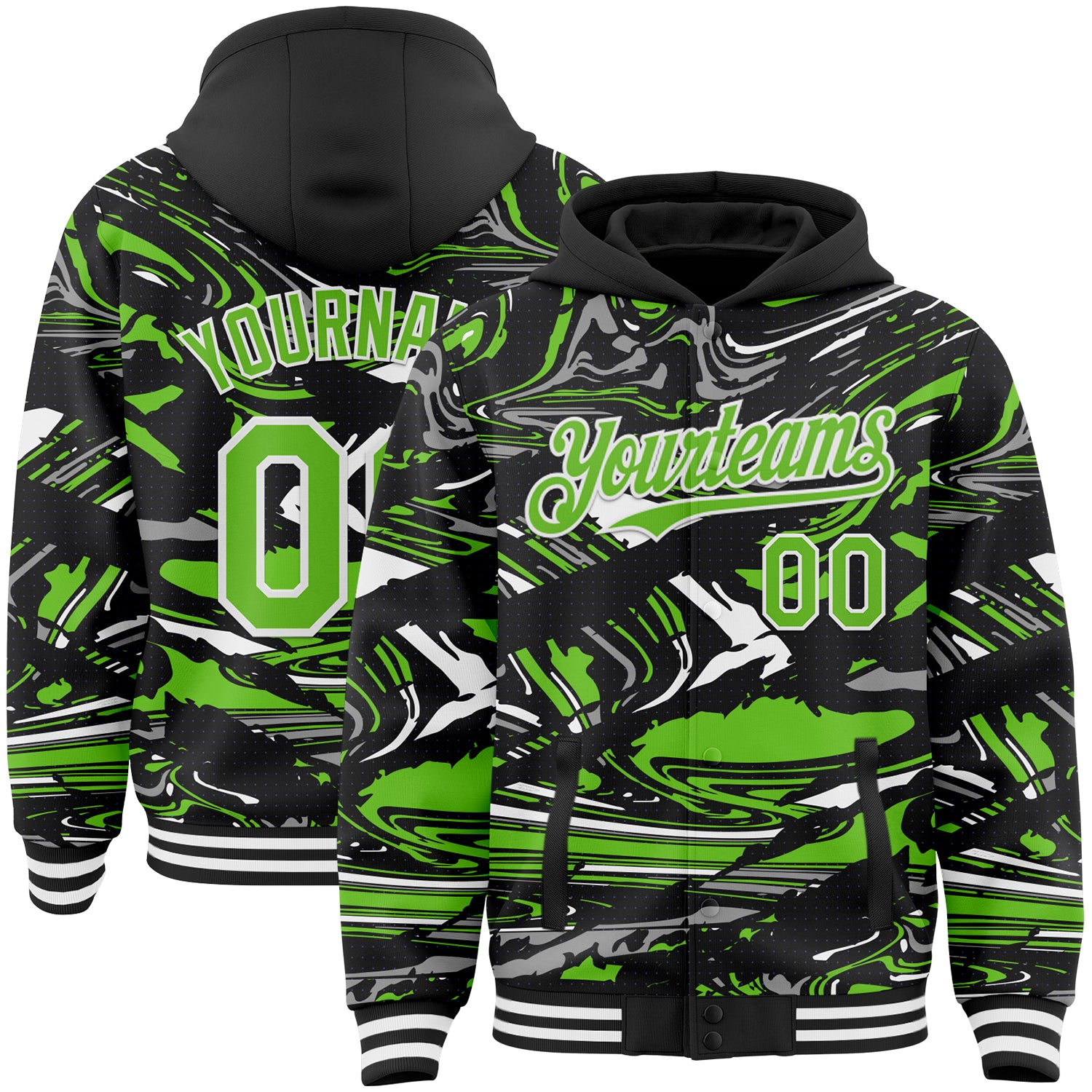 Custom Figure Aurora Green Black-White Fluid Bomber Full-Snap Varsity Letterman Hoodie Jacket