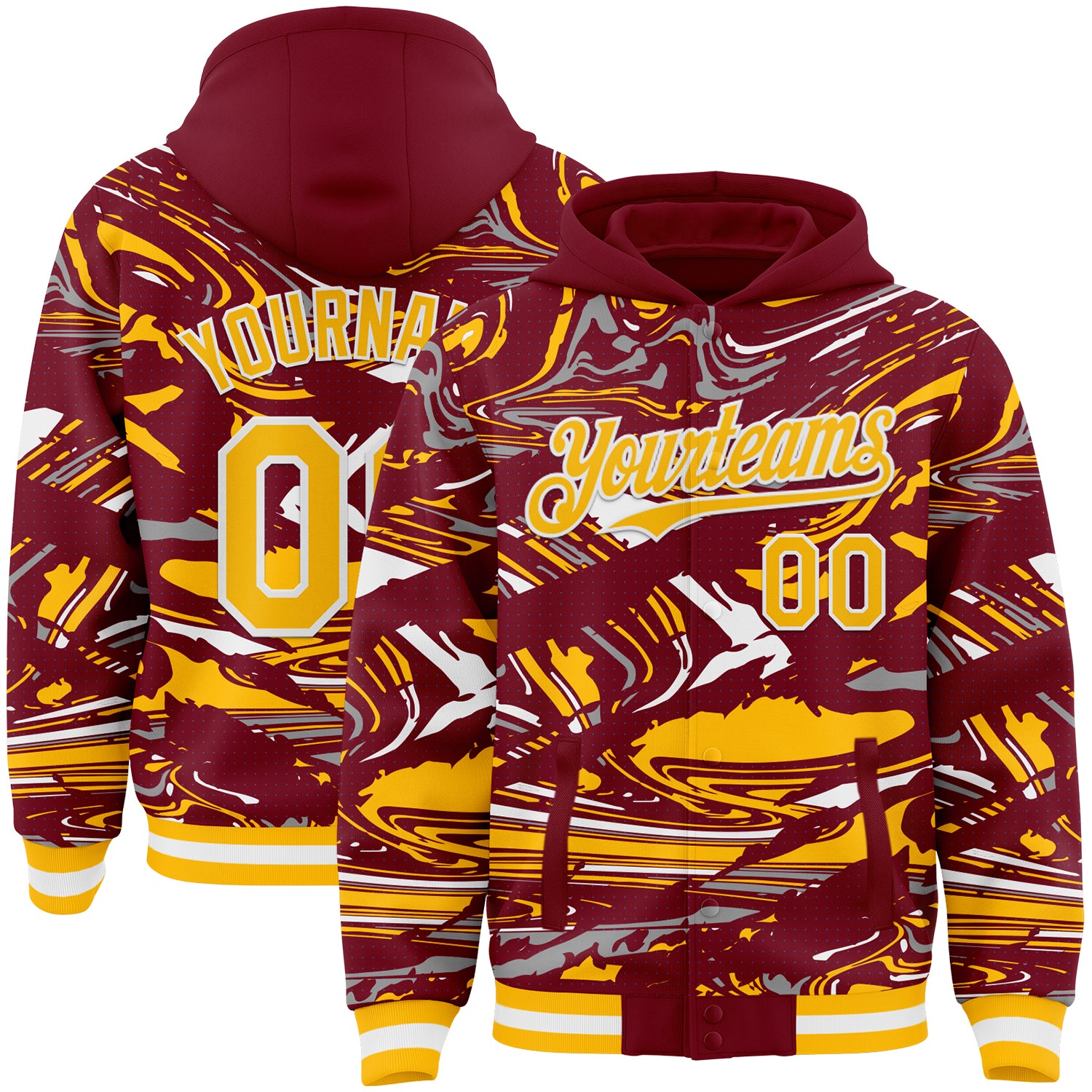 Custom Figure Gold Crimson-White Fluid Bomber Full-Snap Varsity Letterman Hoodie Jacket