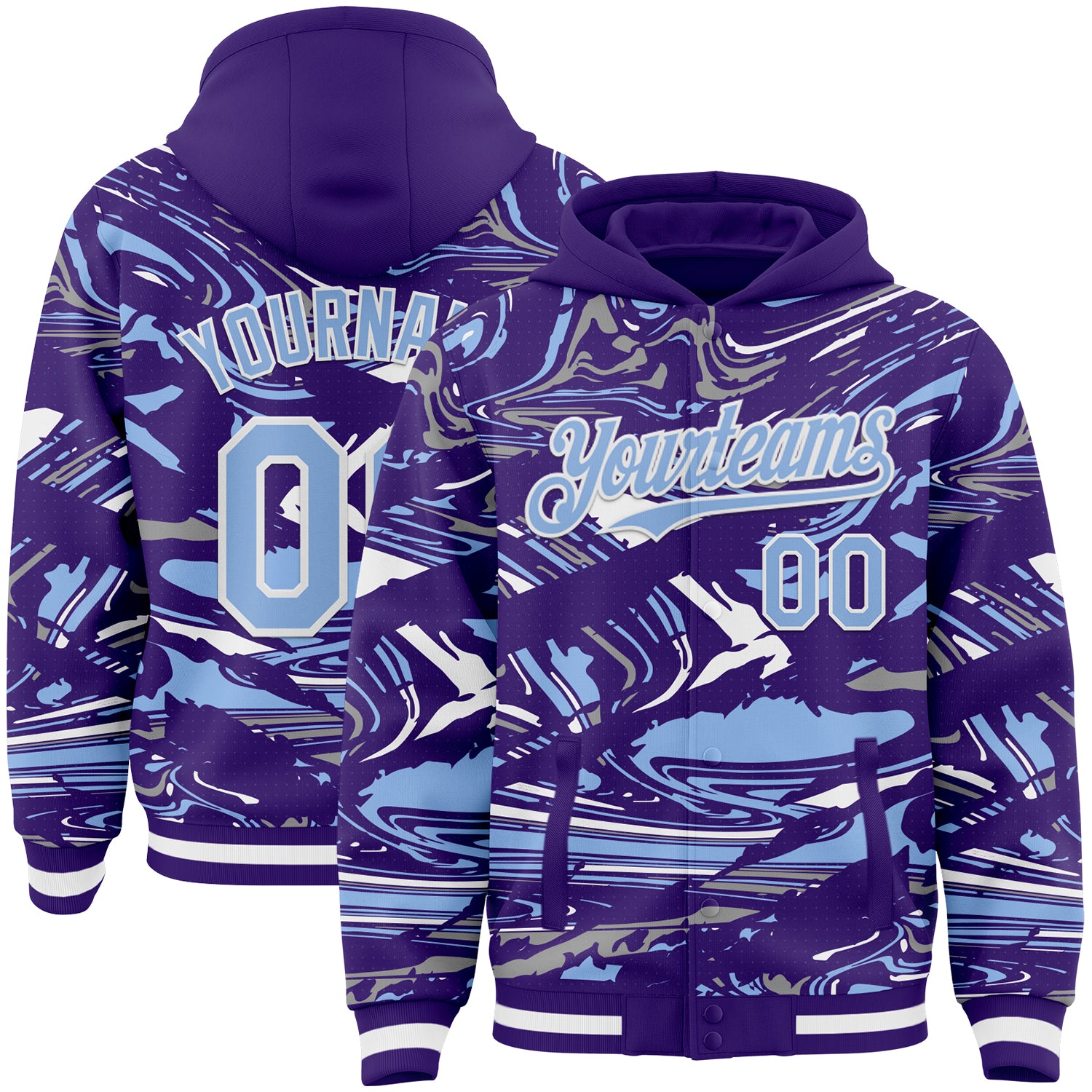 Custom Figure Light Blue Purple-White Fluid Bomber Full-Snap Varsity Letterman Hoodie Jacket