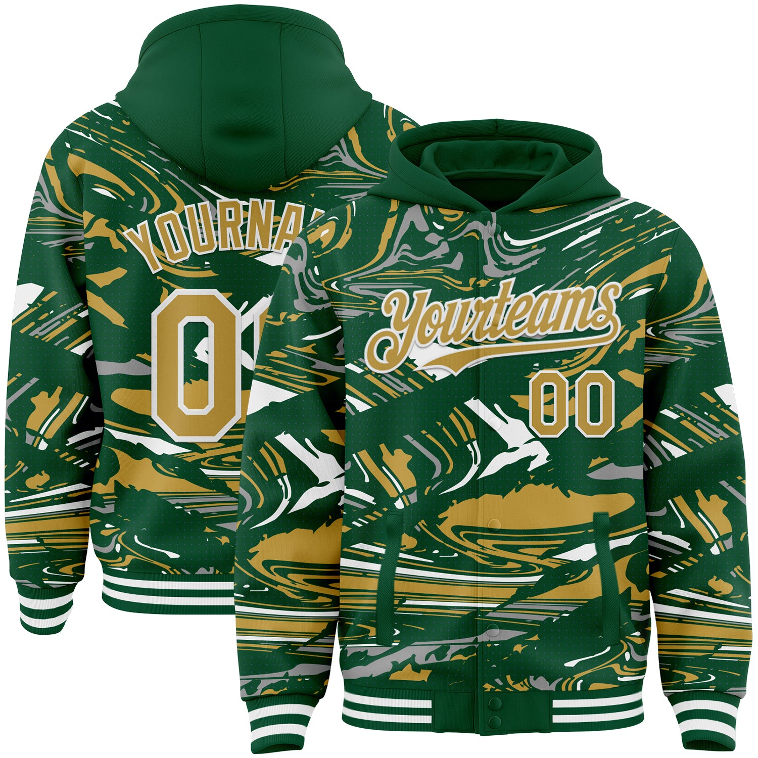 Custom Figure Old Gold Kelly Green-White Fluid Bomber Full-Snap Varsity Letterman Hoodie Jacket