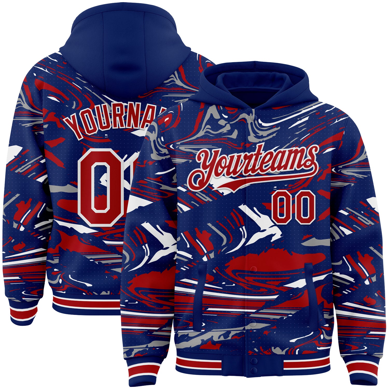 Custom Figure Red Royal-White Fluid Bomber Full-Snap Varsity Letterman Hoodie Jacket