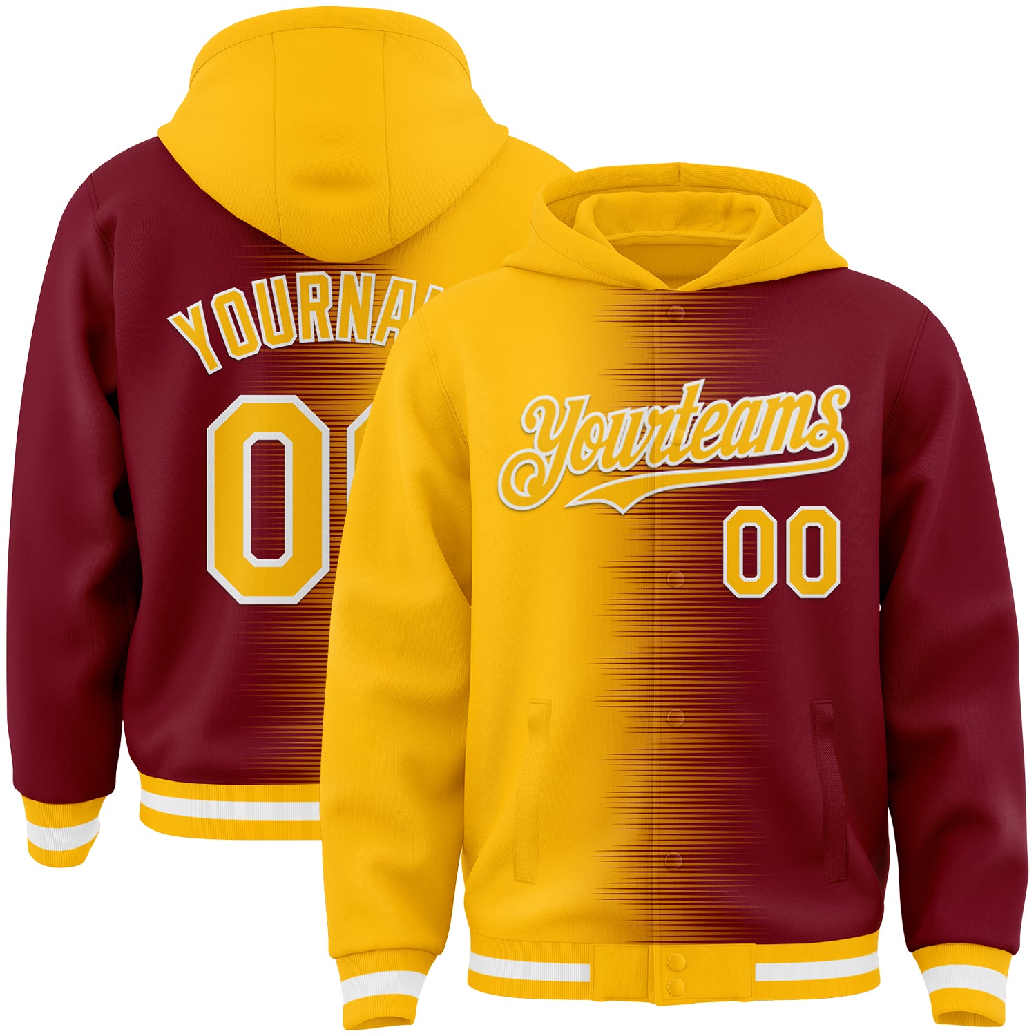Custom Gold Crimson-White Gradient Line Bomber Full-Snap Varsity Letterman Hoodie Jacket