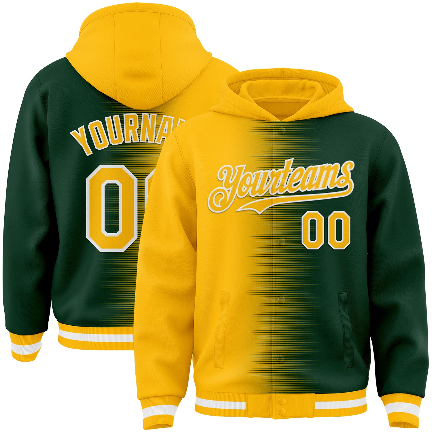 Custom Gold Green-White Gradient Line Bomber Full-Snap Varsity Letterman Hoodie Jacket