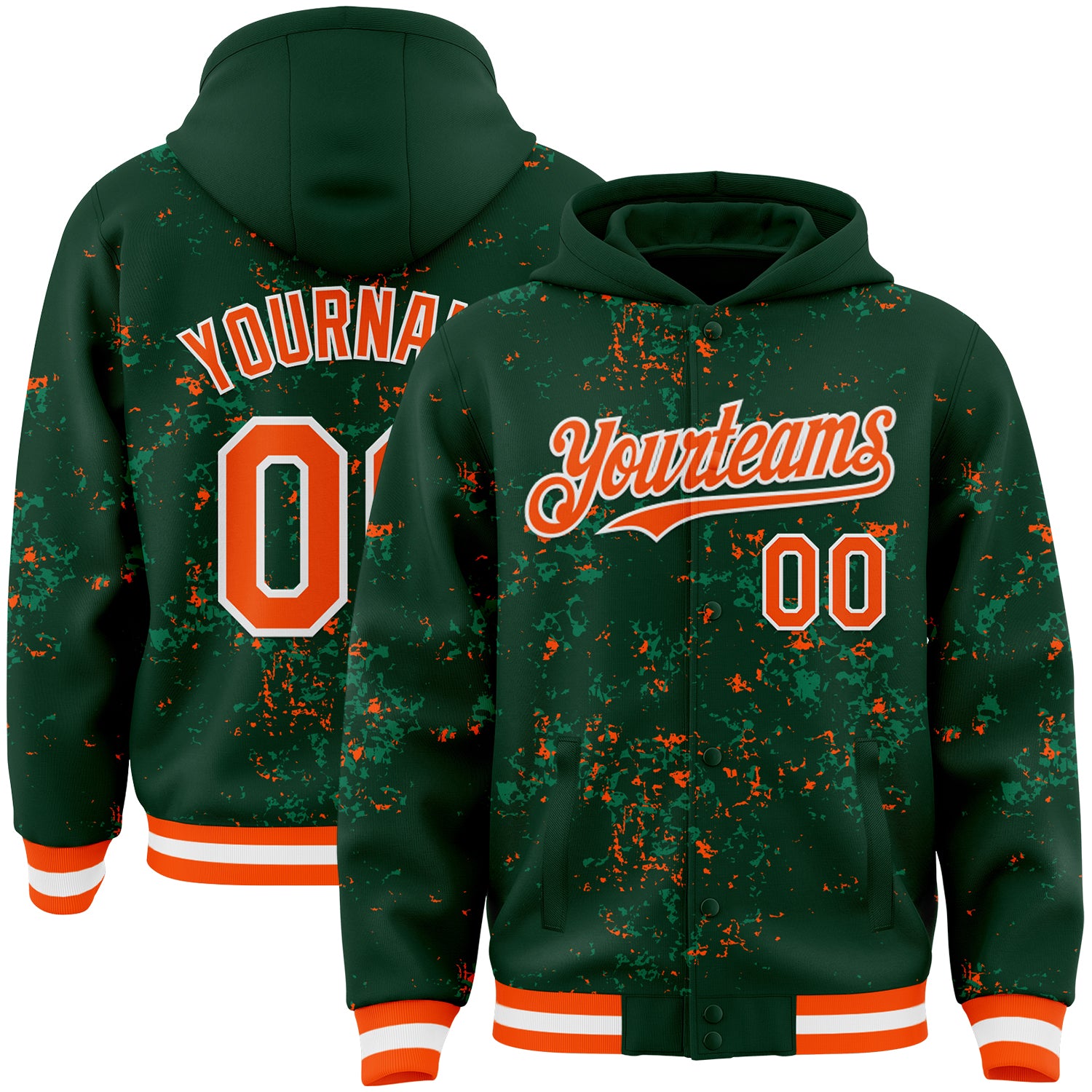 Custom Green Orange Kelly Green-White Fragment 3D Pattern Design Bomber Full-Snap Varsity Letterman Hoodie Jacket