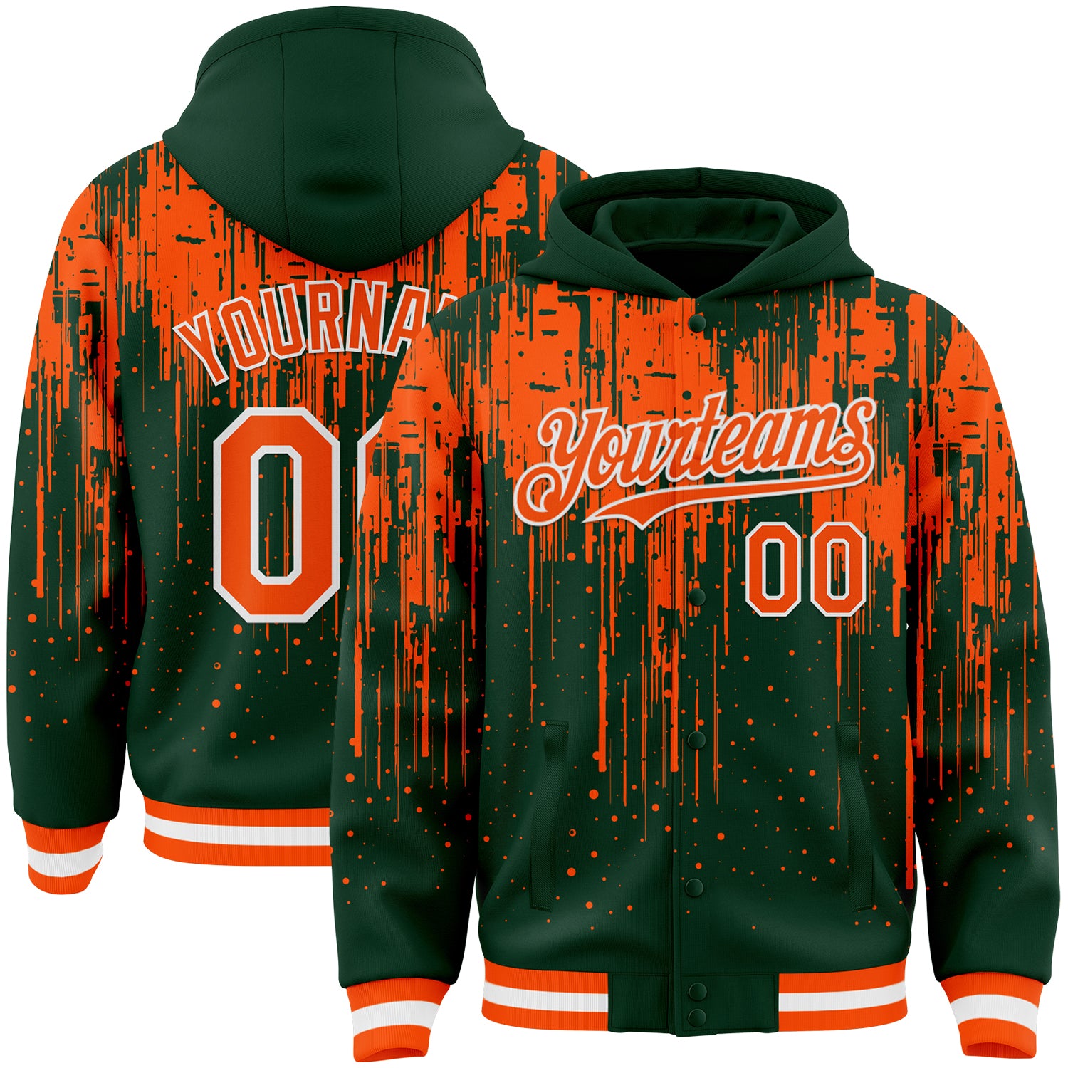 Custom Green Orange-White Dripping Splatter 3D Pattern Design Bomber Full-Snap Varsity Letterman Hoodie Jacket