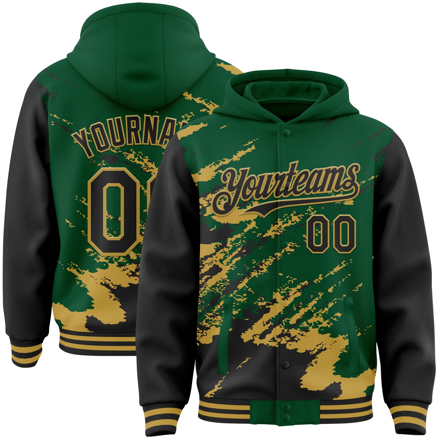 Custom Kelly Green Black-Old Gold Splash Art 3D Pattern Design Bomber Full-Snap Varsity Letterman Hoodie Jacket