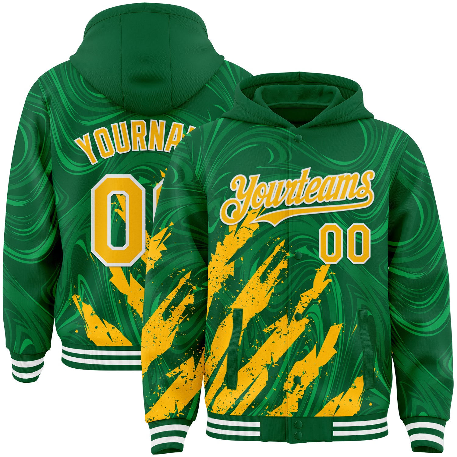 Custom Kelly Green Gold-White Splash 3D Pattern Design Bomber Full-Snap Varsity Letterman Hoodie Jacket