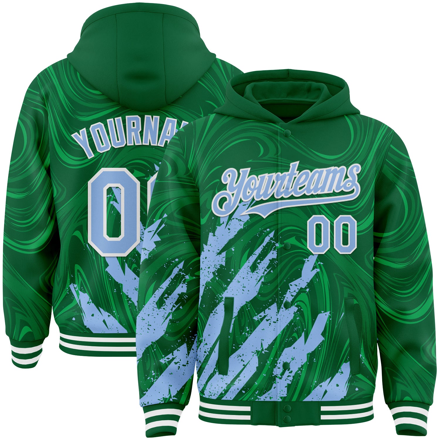 Custom Kelly Green Light Blue-White Splash 3D Pattern Design Bomber Full-Snap Varsity Letterman Hoodie Jacket