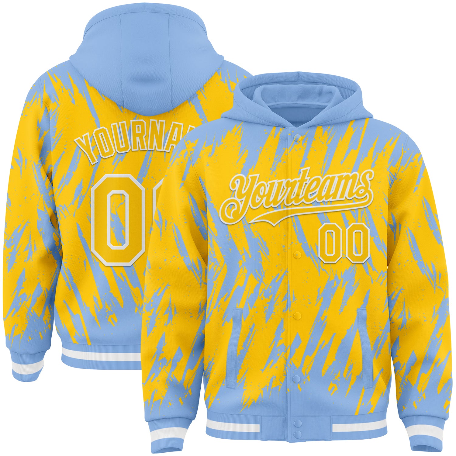Custom Light Blue Yellow-White Abstract Sharp Shape Fragment 3D Pattern Design Bomber Full-Snap Varsity Letterman Hoodie Jacket