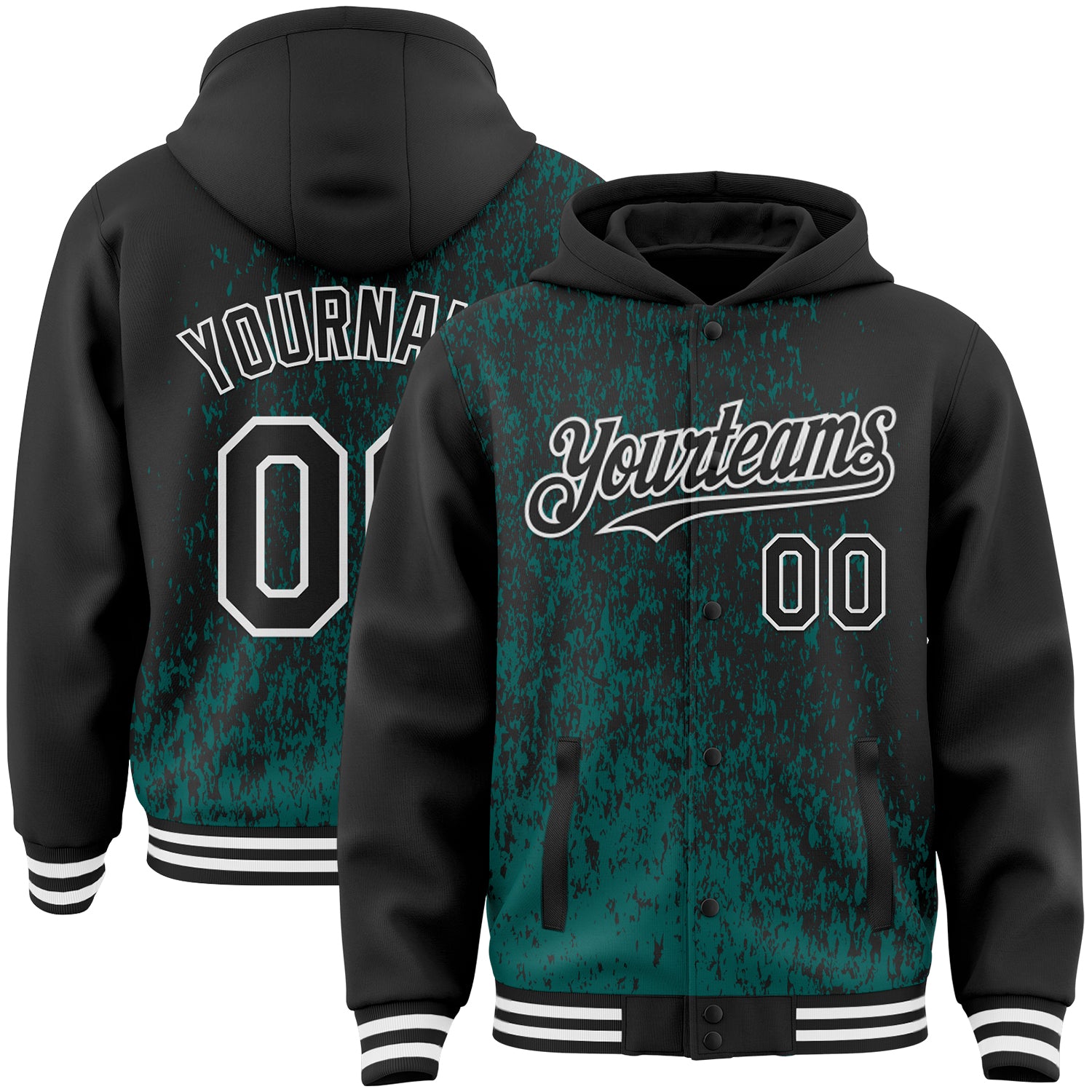 Custom Midnight Green Black-White Abstract Fragment Art 3D Pattern Design Bomber Full-Snap Varsity Letterman Hoodie Jacket