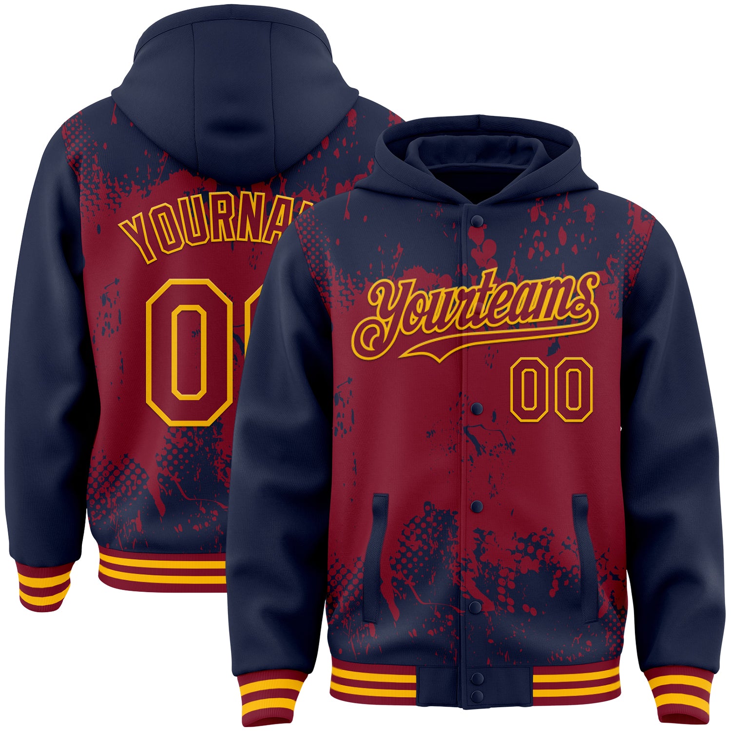 Custom Navy Crimson-Gold Splash Art 3D Pattern Design Bomber Full-Snap Varsity Letterman Hoodie Jacket